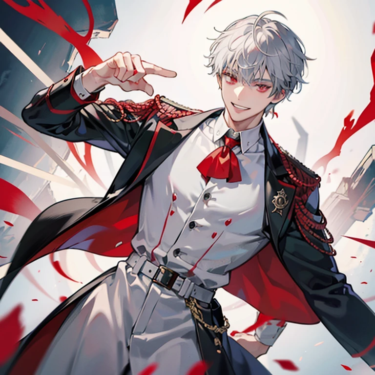 short gray haired anime guy,red eyes, white and red blazer, a silver haired mad, Tall anime guy with red eyes,grin,Nihilistic smile