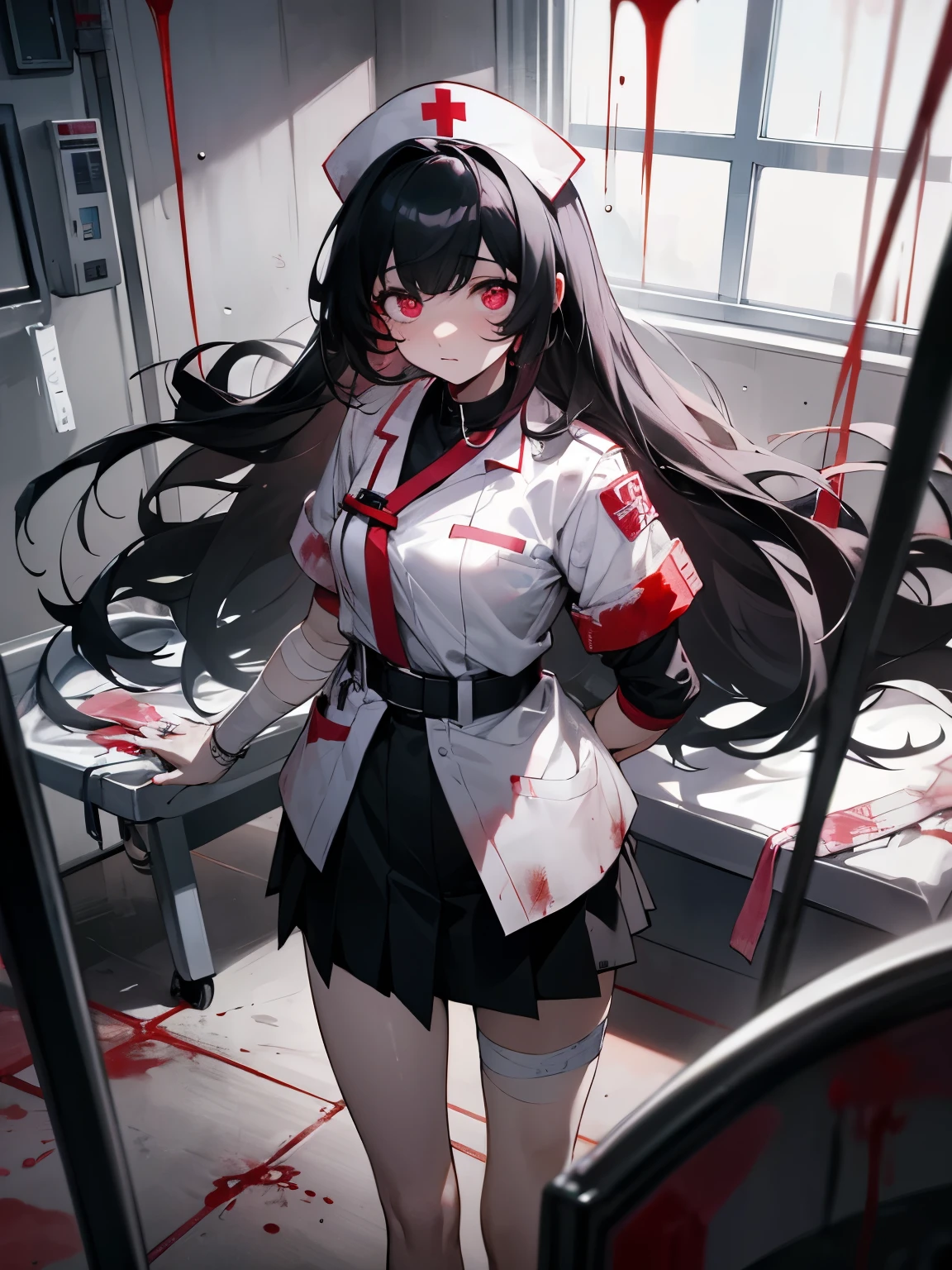 Blood droplets、blood、Internal organs、hospital、白と黒のnurse uniform、Bandages on both arms、Bandage on the leg、have a knife、cadaver、impatient face、be bothered、panic、hospitalの中、hospital room、desolation、window、black hair、pink eyes、long hairBlood droplets、blood、Internal organs、hospital、long hair、Let your hair down、disheveled hair、20-year-old、anxiety、panic、black and white short skirt、nurse uniform、aldult、kind、Blood droplets、short bangs、adult