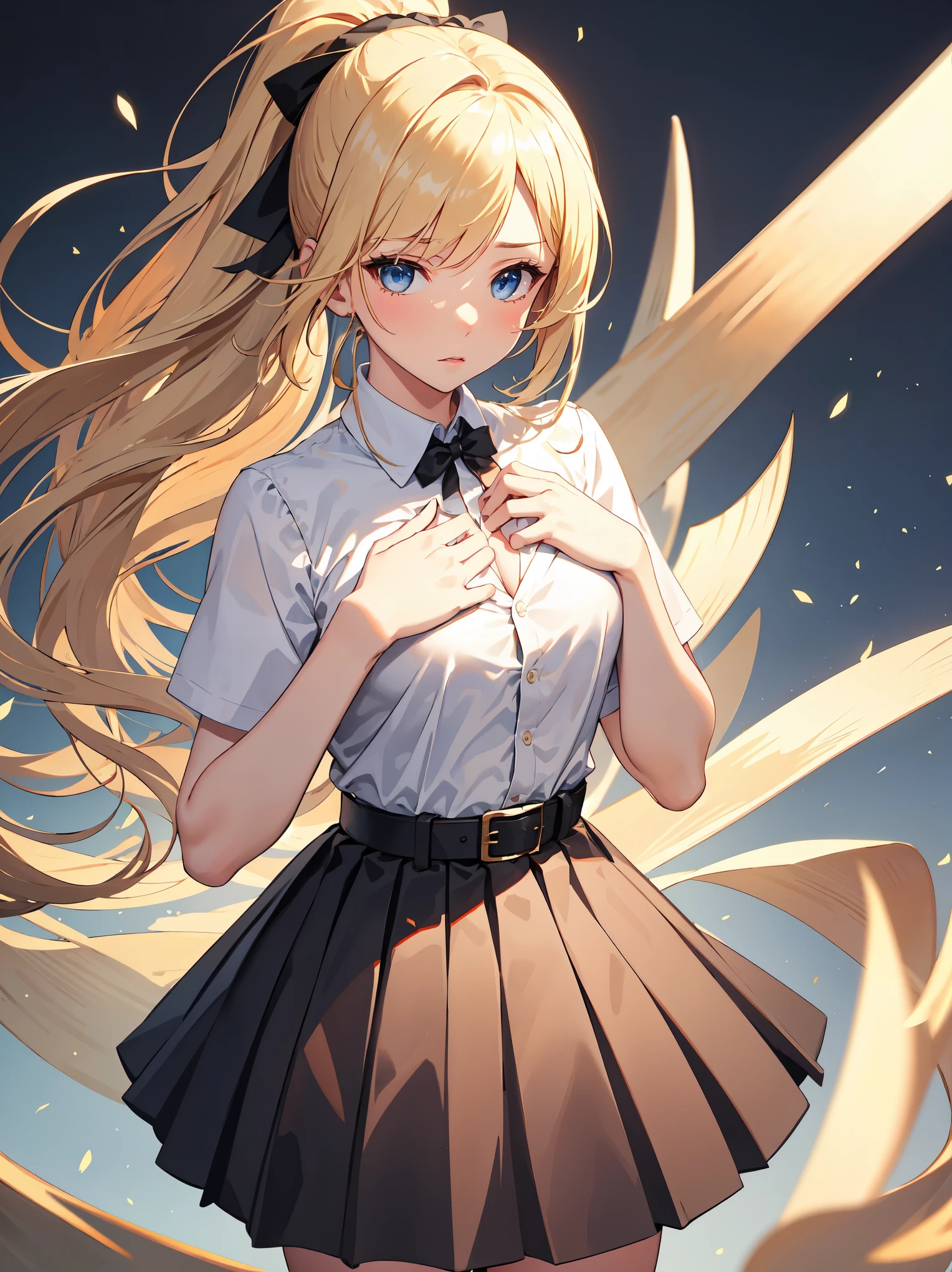 ((best quality)), ((masterpiece)), (detailed), 1 girl,blond,Double ponytail hairstyle,blue eyes,Teary-eyed,hands covering chest,medium breasts,white shirt,black tie,belt,Short pleated skirt