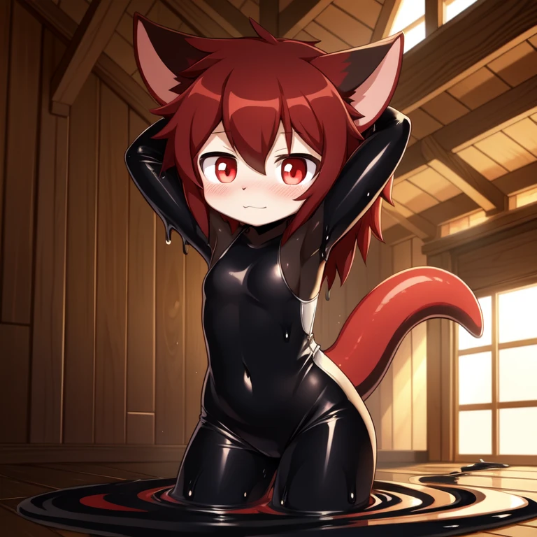 alone, red pupils, Detailed hair, young，one-piece swimsuit,Firmware version, furry anime, Bragon, very cute face, Blushed, young, Detailed background, Detailed fanart, pixiv, number, masterpiece, high quality, high resolution，black slime，stuck in slime，covered in slime，Only the head is exposed，random color，random species，personal portrait，The tail is in the right position