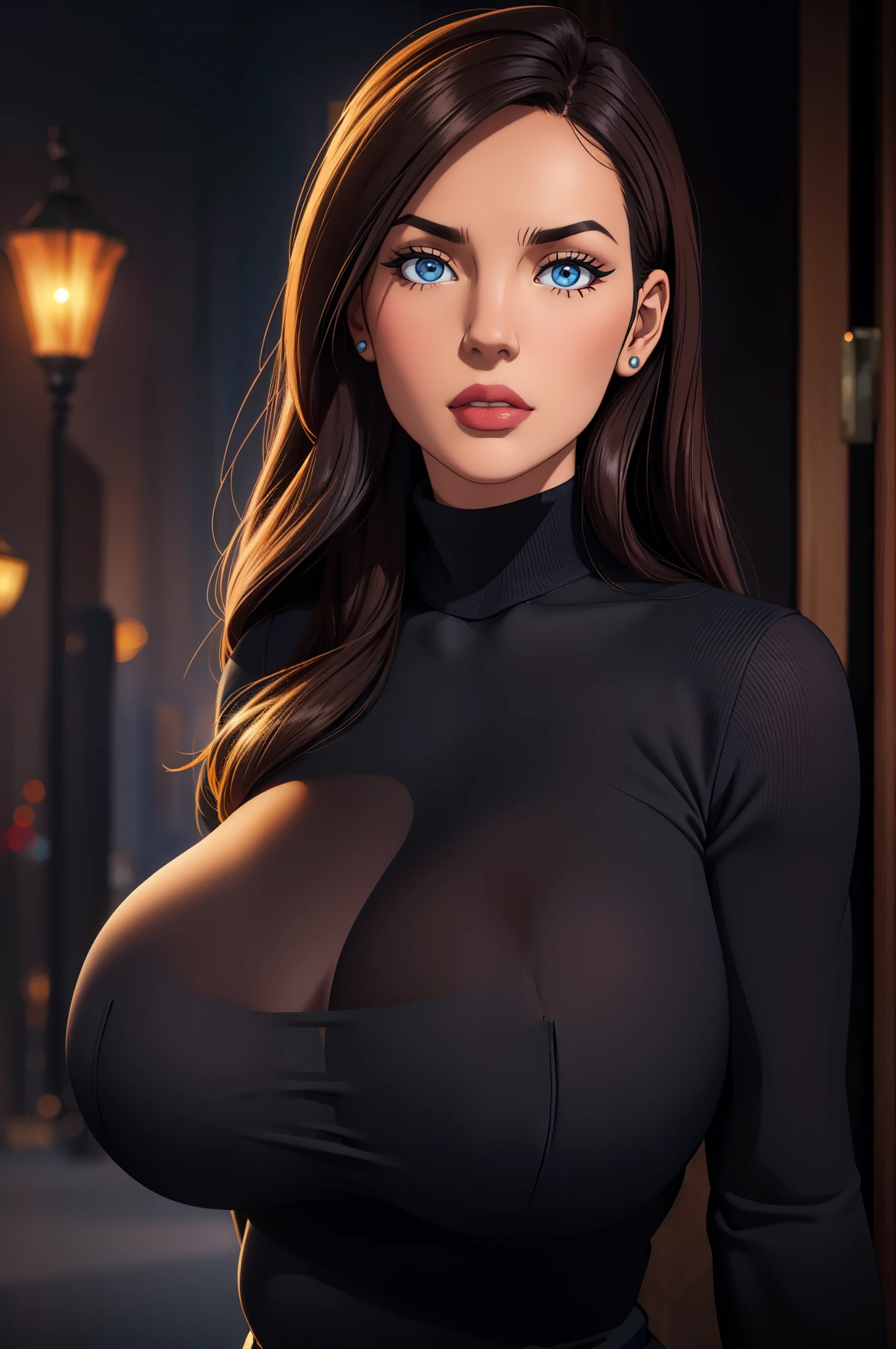 1 girl, black turtleneck sweater, ((( huge fake breasts:6.9 ))), Looks forward, long hair, straight hair, A dark room with lights, close up photography, Street background, masterpiece, Best quality, 3Dmm style, 3D, Realistic ,high quality,3D Realistic works,Ultra high details,4k,Real skin materials,Simple background