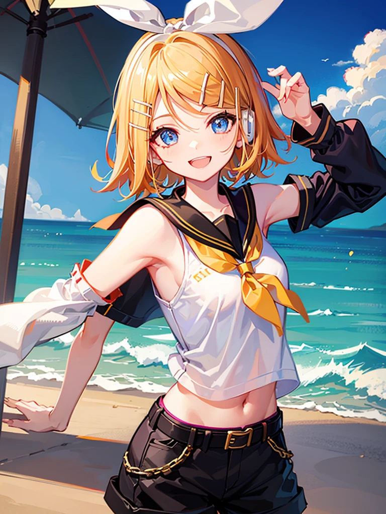 (kagamine_rin), big smile, happy, she loves you, blue eyes, (small breasts), slender, sleeveless, head phone, (gold hair), short hair, sailor collar, black short pants, white shirt, belt, young, shiny sky, outdoor
