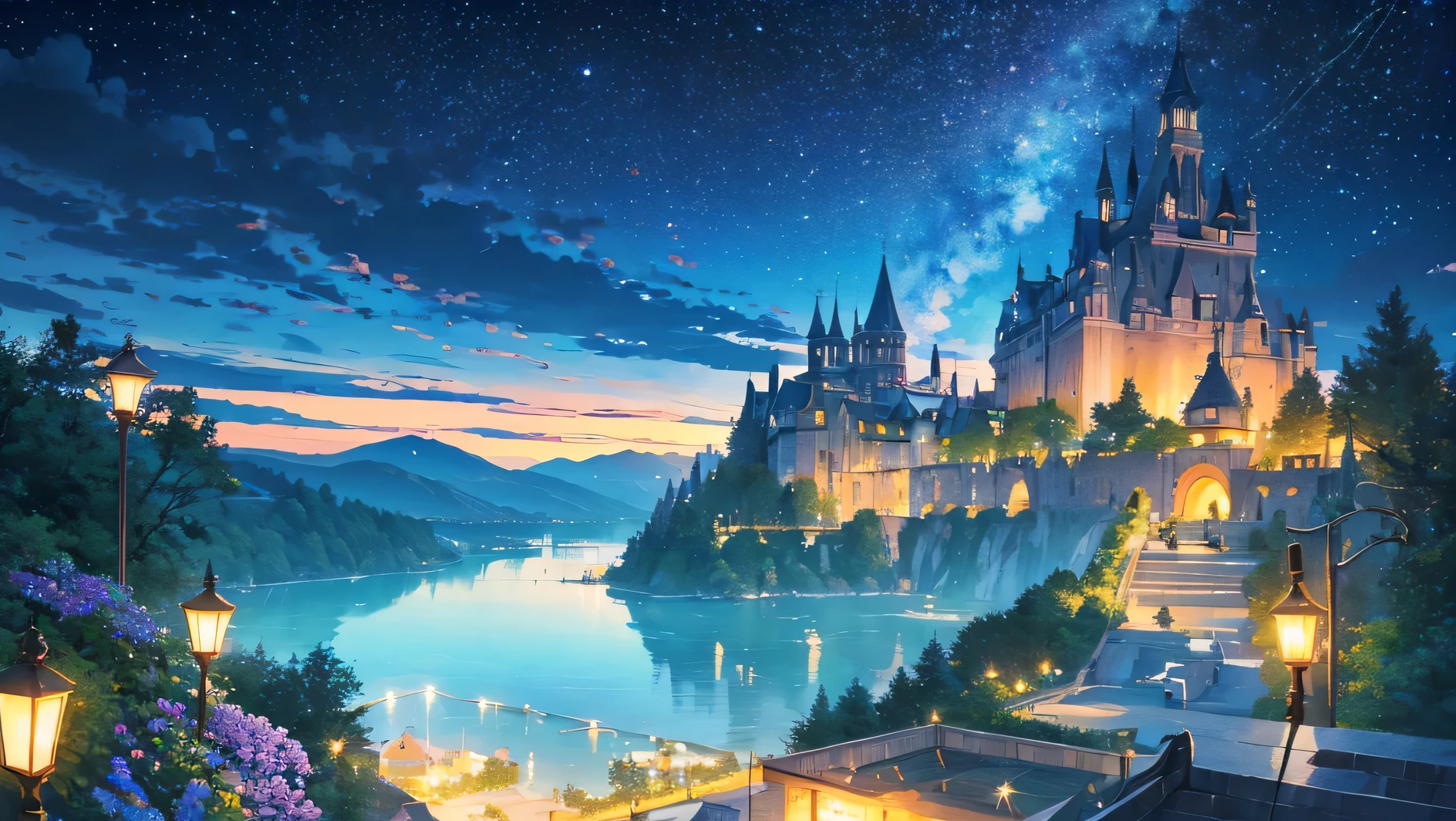 beautiful black sky in the night with clouds and stars, it's a valley with a castle, a lake with flowers and lights