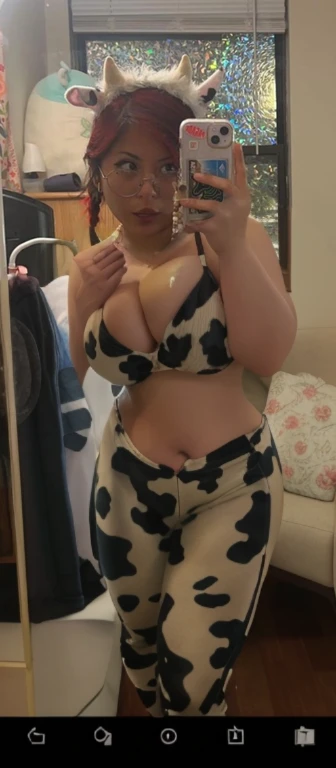 woman in cow print pants taking a selfie in a mirror, campy. cow costume with udders, 2 4 year old female model, coirl, 2 , 2 3 years oldwo - piece swimsuit, 21 years old, she has a jiggly fat round belly, 3 0 years old woman, 30 years old woman, mirror selfie, beautiful girl, big ass, bbw, thick, thick thighs, wide hips, bbw, big tits, tits falling out the side, thick nipples, large areola, filipina, cute, chubby stomach, nipples poking out