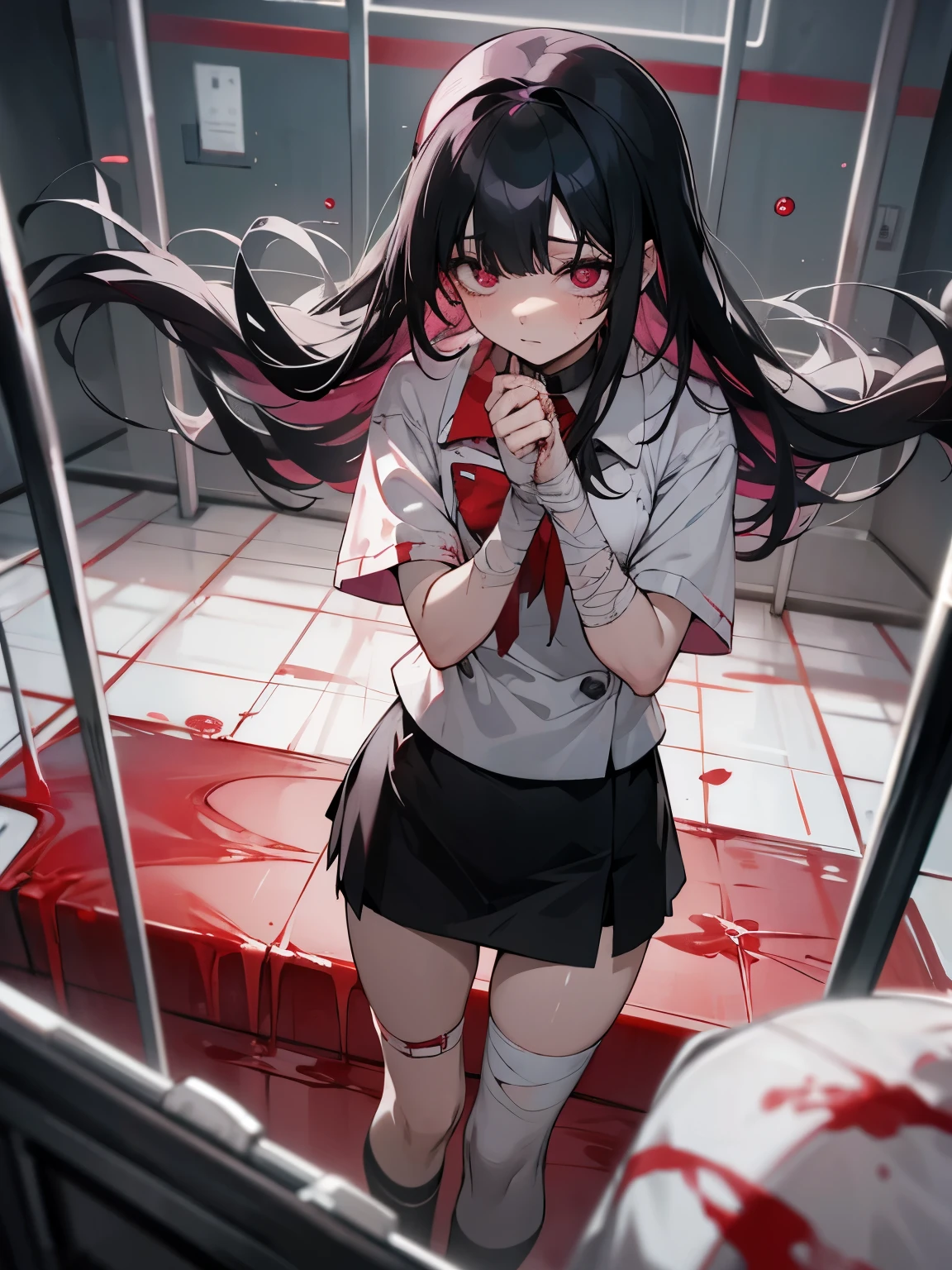 Blood droplets、blood、Internal organs、hospital、白と黒のnurse uniform、Bandages on both arms、Bandage on the leg、have a knife、cadaver、impatient face、be bothered、panic、hospitalの中、hospital room、desolation、window、black hair、pink eyes、long hairBlood droplets、blood、Internal organs、hospital、long hair、Let your hair down、disheveled hair、20-year-old、anxiety、panic、black and white short skirt、nurse uniform、aldult、kind、Blood droplets、short bangs、adult