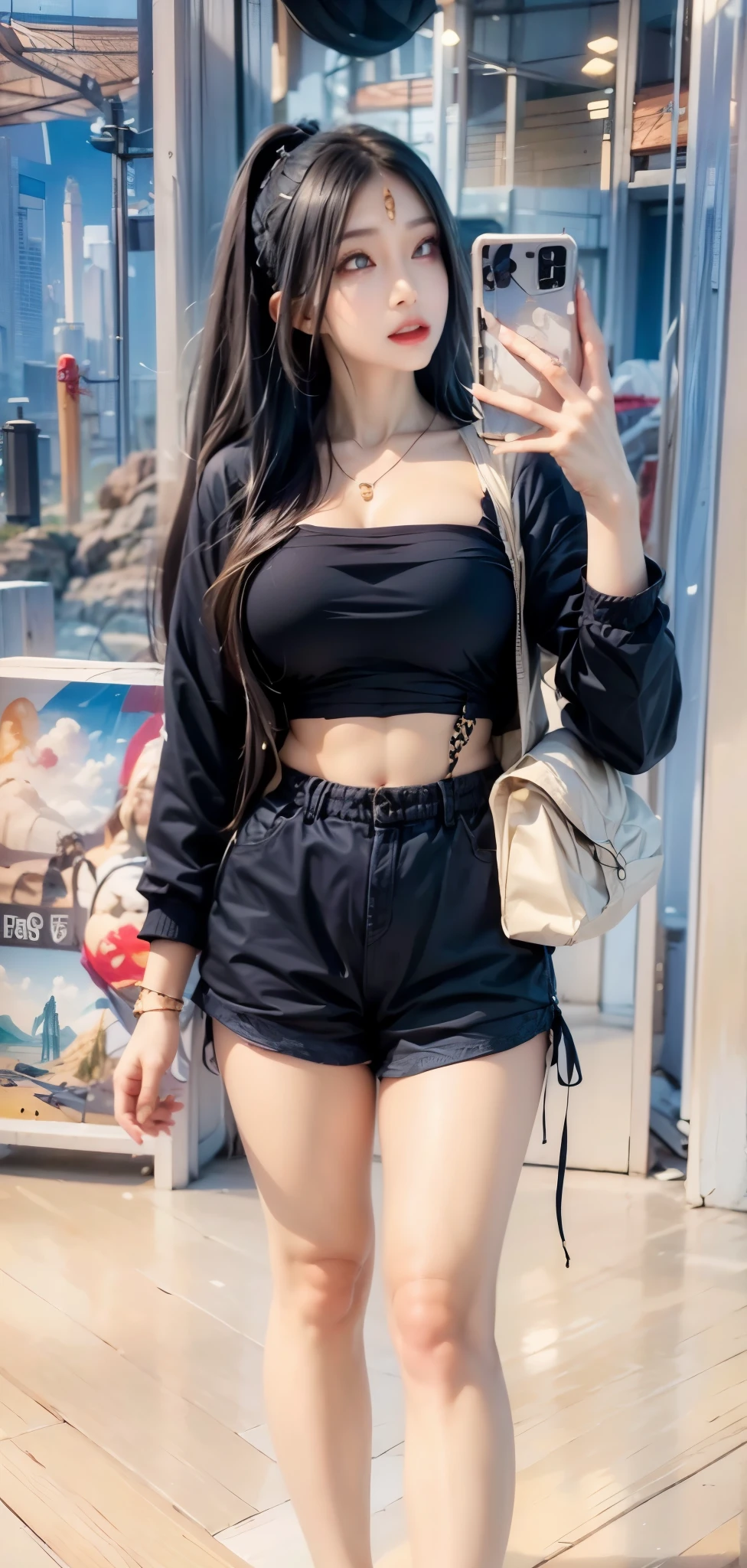realistic, 1 women, best quality, 12k, HD, long hair, big round breasts, cleavage, ponytail, necklace, jewelry, shorts, short jacket, slim hips, hair tie, yellow eyes, black hair, super detailed, Eye details, hair details, person details, mouth details, face details, breast details, clothes details, hair details, pants details, hand details, whole body