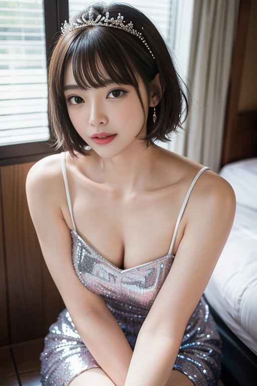 Cute girl in Japan in a camisole, Princess cut and bangs on short hair, In the downtown area at night、Perfect Anatomy, Centered, near perfect, Dynamic, Very detailed, Smooth and sharp focus, Full body shot, 8K, masutepiece, Fine details, Rich colors, Intricate details