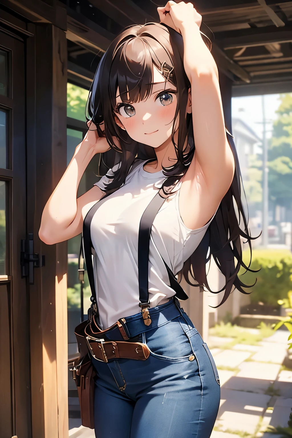 brown hair、looking at the viewer suspenders Bulging big breasts jeans boots Gaze small face bangs Beauty hands up Gaze 黒いboots provocation armpit sweat one person put your hands behind your back cutter shirt Black belt