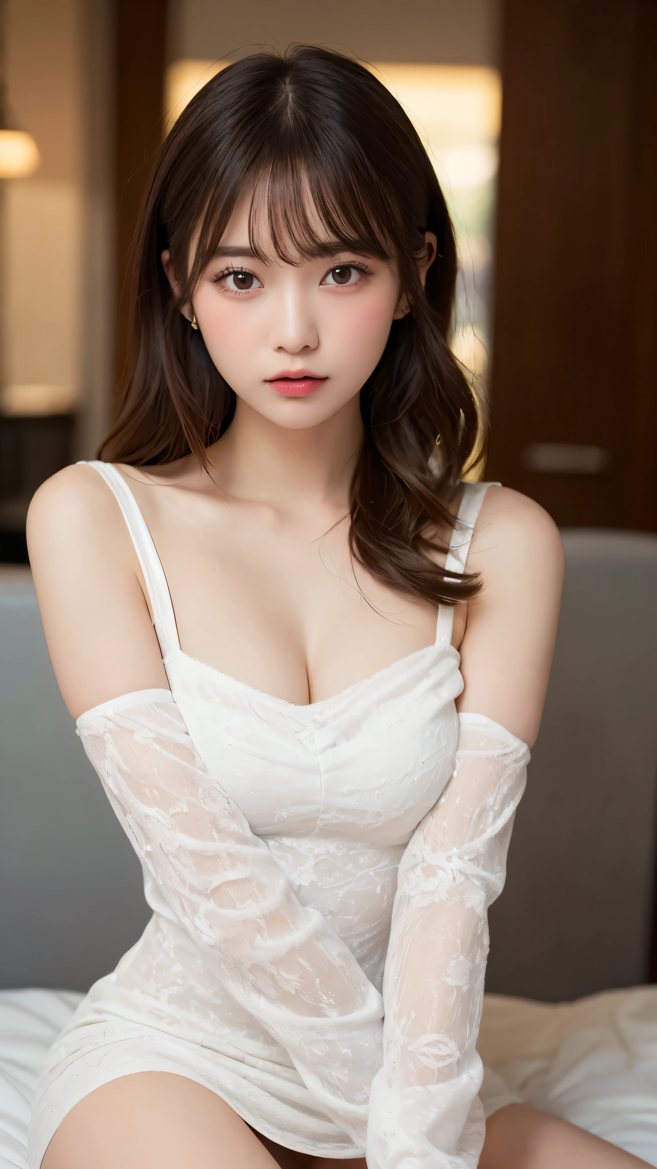 (NSFW)、(masterpiece:1.5)、(photorealistic:1.5)、(highest quality:1.4、8K、Raw photo)、
ultra high resolution、professional lighting、perfect dynamic composition、Indoors、
film grain、chromatic aberration、(Bokeh:1.1)、
Frank、Sophisticated、attractive、surreal、high detail、golden ratio、
(1 girl)、Slender girl、繊細でattractive女の子、cute woman:1.4、
serious expression、looking at the viewer、Full body Esbian、
light brown hair、shining hair、random cute hairstyles、
skin that looks real、
close your mouth、detailed eyes、double eyelid、thin arms、
(wearing a tight white mini dress:1.4)、(showing thighs:1.3)、(both hands on the thighs)
