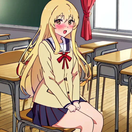 best quality, masterpiece, highres, solo, {sumino_sayaka_ahogirl:1.15}, long_hair, blonde_hair, open_mouth, brown_eyes, blush, 1girl, classroom, desk, school_desk, school_uniform, chair, indoors, ribbon, sitting, red_ribbon, window、おならをする