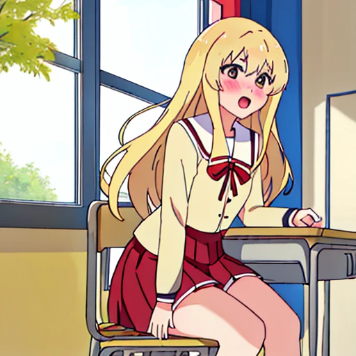 best quality, masterpiece, highres, solo, {sumino_sayaka_ahogirl:1.15}, long_hair, blonde_hair, open_mouth, brown_eyes, blush, 1girl, classroom, desk, school_desk, school_uniform, chair, indoors, ribbon, sitting, red_ribbon, window、おならをする