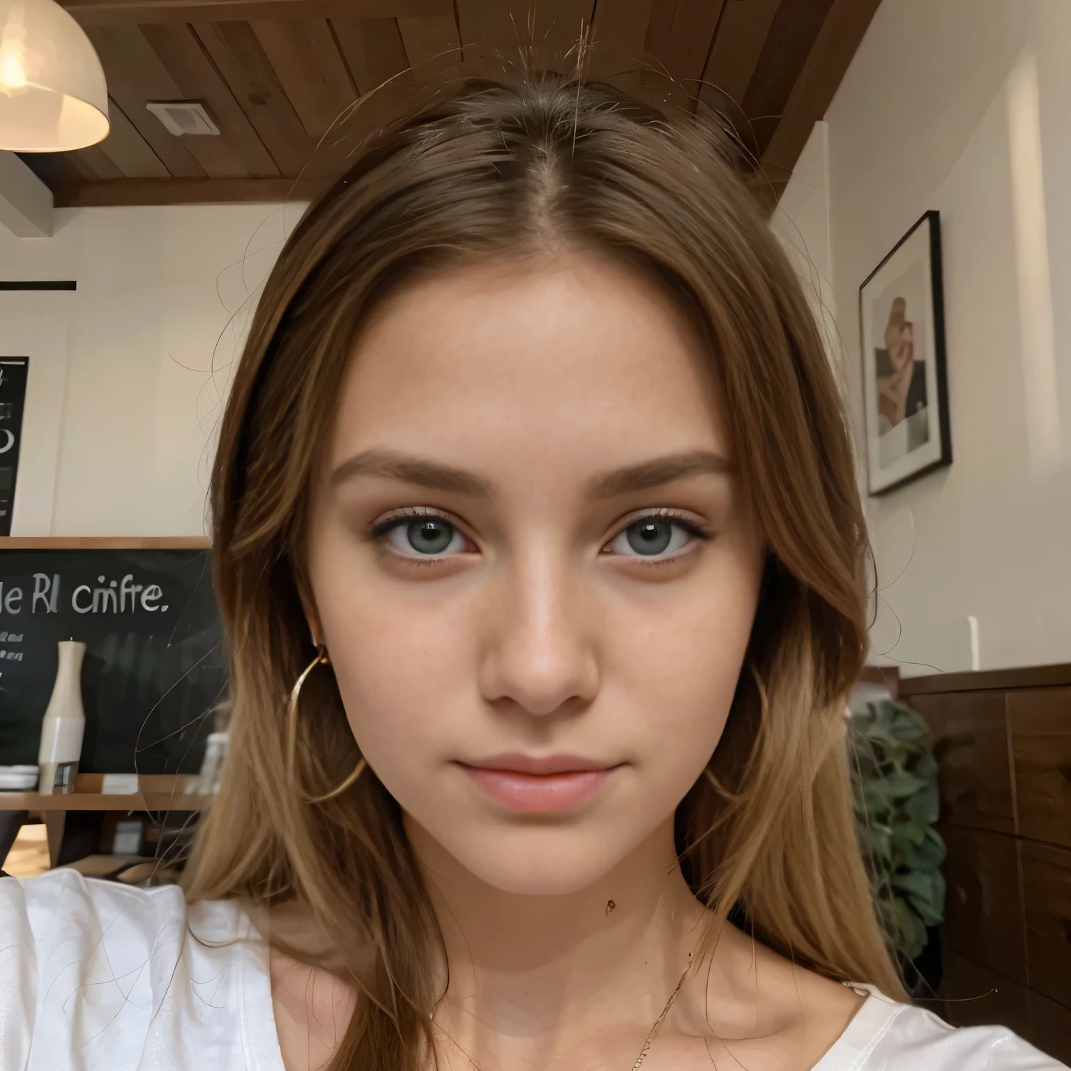 Photo of a 20 year old blonde woman, that  has a very natural face,  thin lips, thin eyes, thin eyebrows, thin nose, earrings, long eyelashes. She makes a cute selfie in a cafe