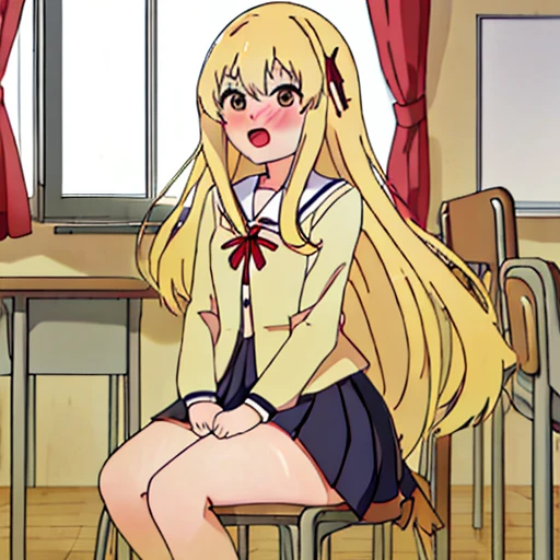 best quality、masterpiece、high resolution、solo、{sumino_sayaka_ahogirl:1.15}、long hair、blonde hair、open your mouth、brown eyes、blush、1 girl、classroom、machine、学校のmachine、uniform、Chair、indoor、ribbon、sitting、赤いribbon、window、fart