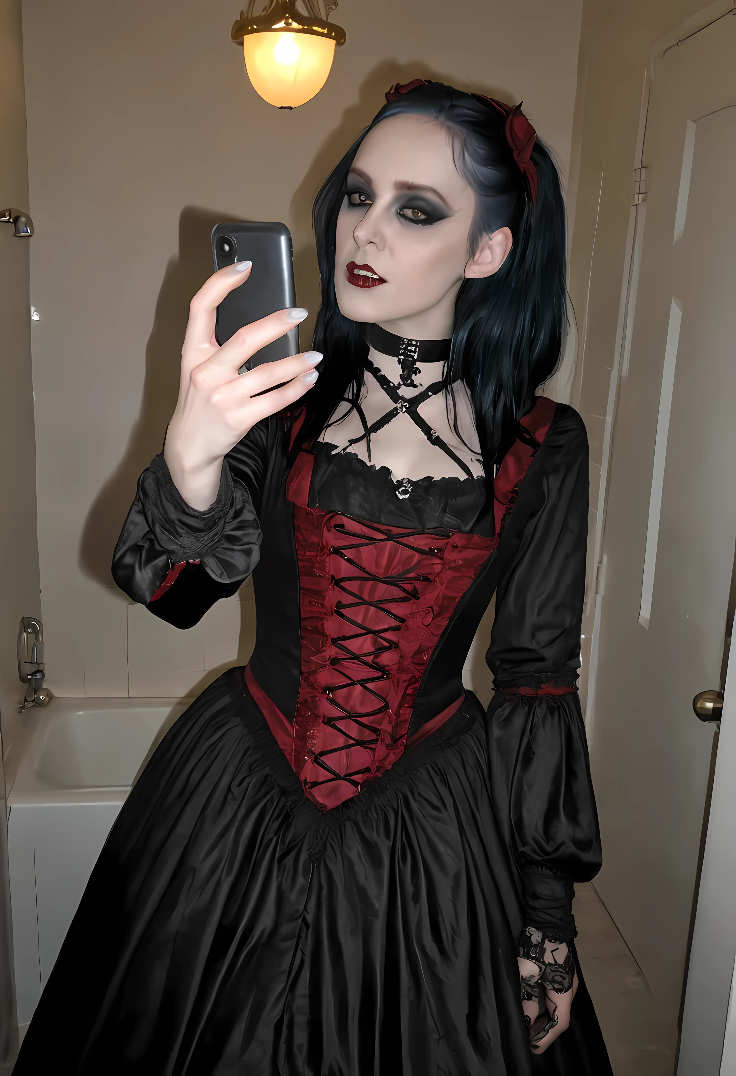 araffe dressed in gothic clothing taking a selfie in a bathroom, gothic outfit, wearing a gothic dress, gothic horror vibes, witchcore clothes, wearing modern gothic clothes, ornate goth dress, goth style, gothic!!, dark gothic dress, gothic style, gothic aesthetic, gothic dress, gothic clothes, gothic wearing, ornate dark red opulent clothing