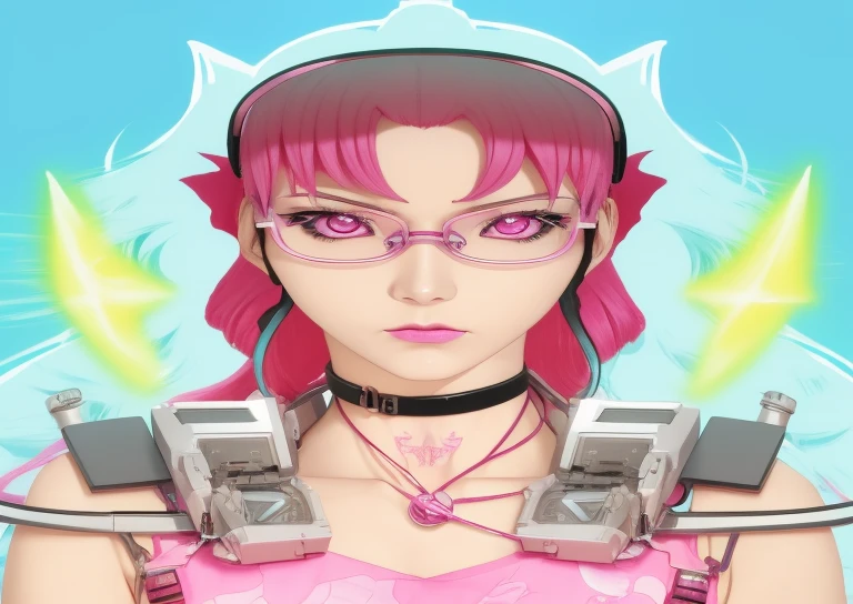 anime girl with pink hair and glasses holding a knife, holy cyborg necromancer girl, angry female cyborg, anime style character, cyberpunk angry gorgeous goddess, anime style illustration, perfect anime cyborg woman, vaporwave cartoon, inspired by Leiko Ikemura, anime style portrait, molly from neuromancer, 8 0 s anime art style, 8 0 s anime style