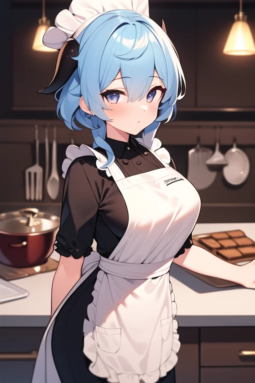 masterpiece, best quality, ((1girl)), highres, ((beautiful detailed background)), straight hair, (beautiful detailed eyes), (best quality), short hair, (illustration), (ultra-detailed), night, ((cinematic lighting)), ((masterpiece portrait)), hat, (looking at viewer:1.7), ((apron costume)), ((chef hat)), chocolate, ((kitchen)), making sweets, night, ❤, ganyurnd