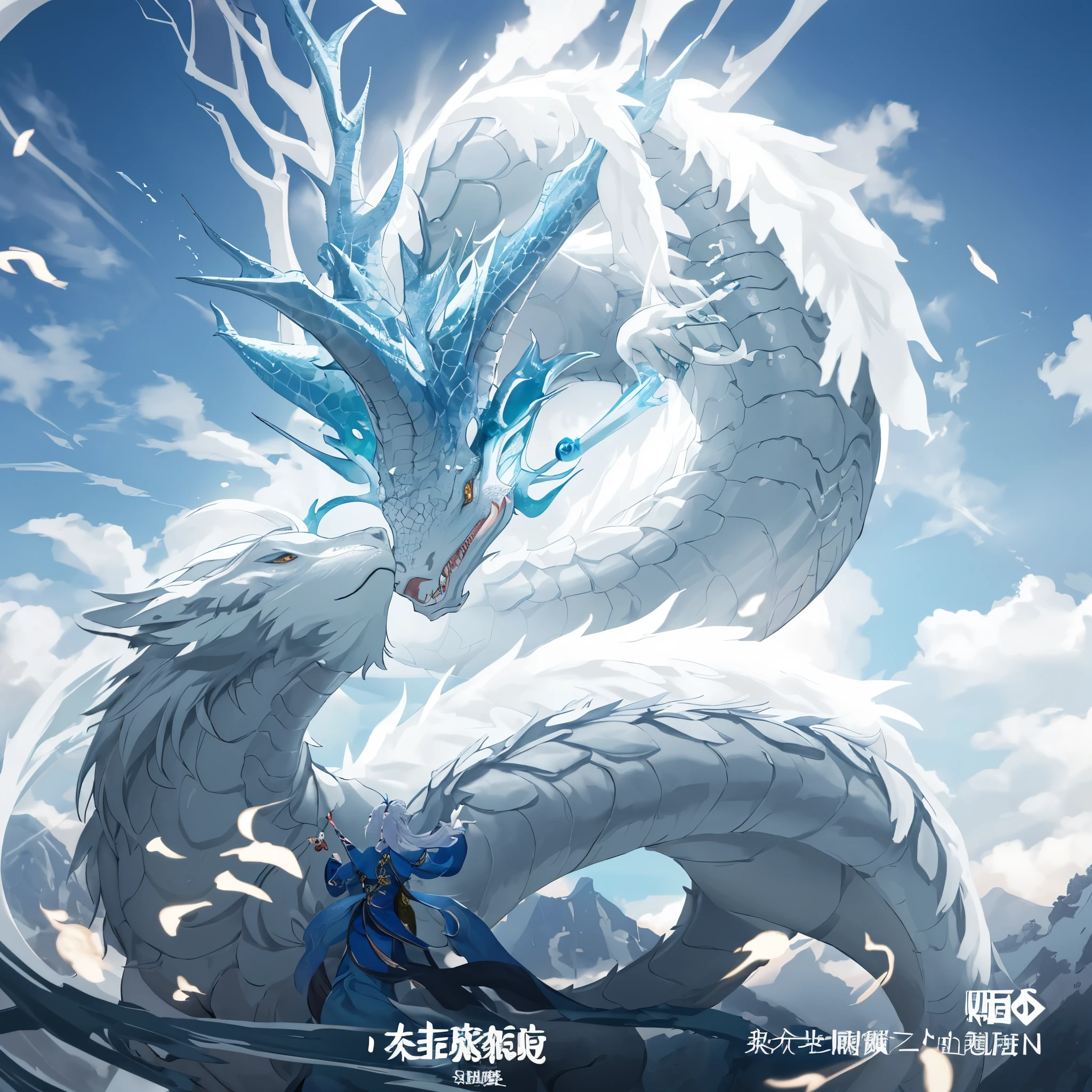 雪中长着白色和蓝色翅膀的动漫dragon, dragon, 《Genshin》Keqing in, 传说中的dragon, 水dragon, 巨dragon作为背景, 中国dragon概念艺术, Complex and gorgeous anime CGI style, Popular topics on cgstation, Jomungandel, author：Yang Jie, 水晶dragon, 霜dragon, g liulian art style, xianxia fantasy