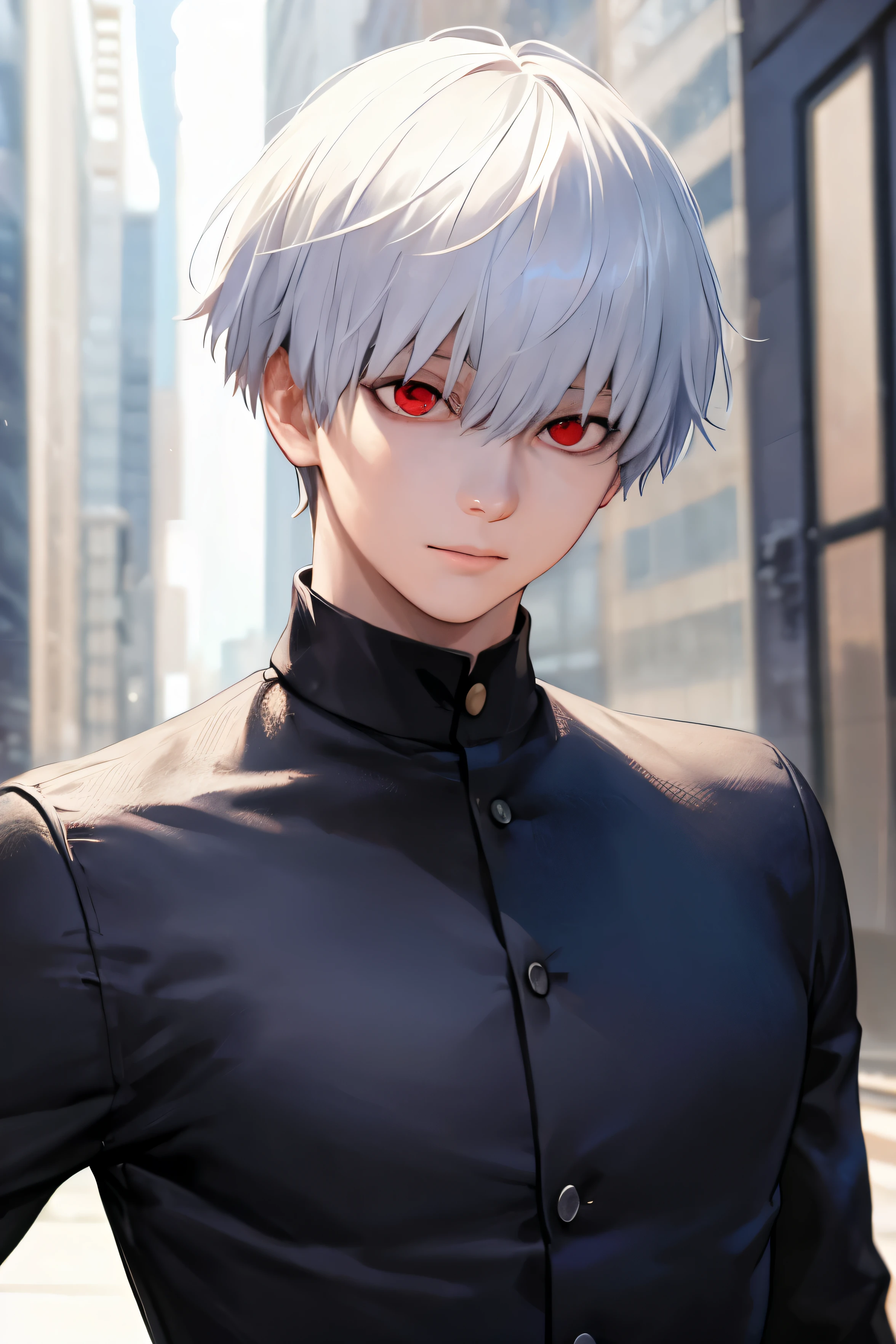 1boy, ((best quality)), ((masterpiece)), ((realistic)), (detailed), (perfect face), (kaneki ken), white hair, handsome, red eyes, black long-sleeved shirt, calm, dynamic poses, half body, building background, portrait