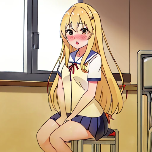 best quality、masterpiece、high resolution、solo、{sumino_sayaka_ahogirl:1.15}、long hair、blonde hair、open your mouth、brown eyes、blush、1 girl、classroom、machine、学校のmachine、uniform、Chair、indoor、ribbon、sitting、赤いribbon、window、fart