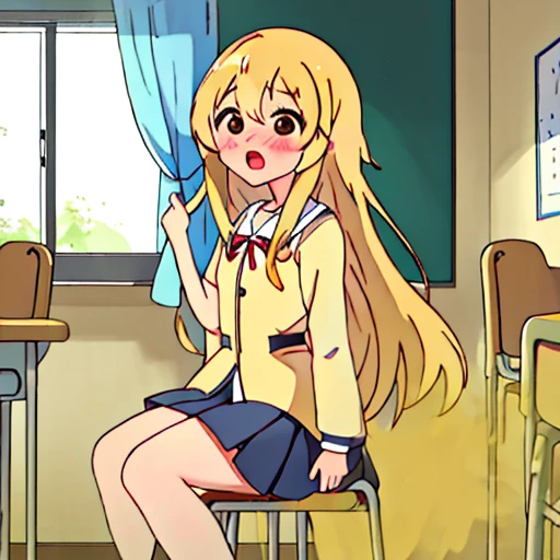 best quality、masterpiece、high resolution、solo、{sumino_sayaka_ahogirl:1.15}、long hair、blonde hair、open your mouth、brown eyes、blush、1 girl、classroom、machine、学校のmachine、uniform、Chair、indoor、ribbon、sitting、赤いribbon、window、fart