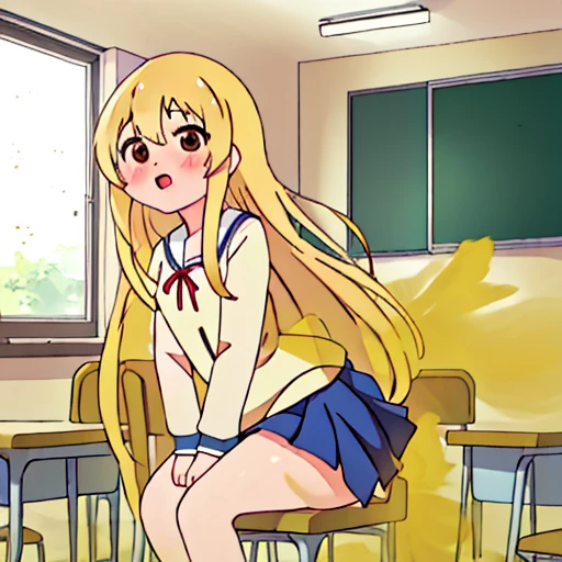 best quality、masterpiece、high resolution、solo、{sumino_sayaka_ahogirl:1.15}、long hair、blonde hair、open your mouth、brown eyes、blush、1 girl、classroom、machine、学校のmachine、uniform、Chair、indoor、ribbon、sitting、赤いribbon、window、fart
