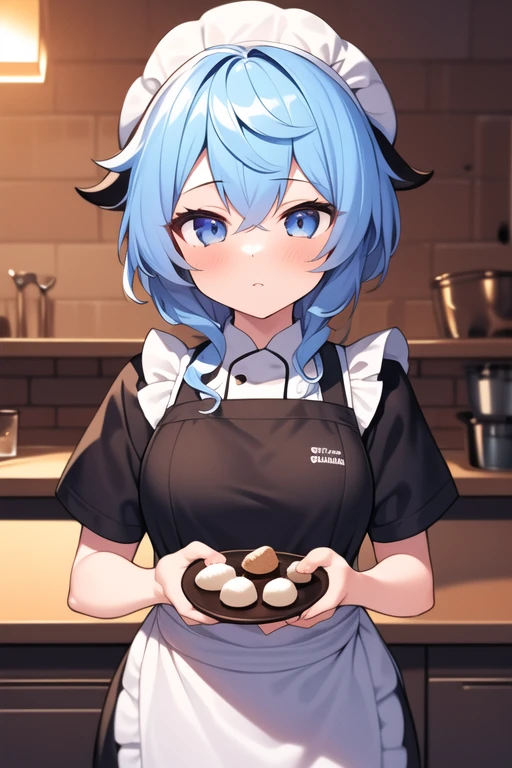 masterpiece, best quality, ((1girl)), highres, ((beautiful detailed background)), straight hair, (beautiful detailed eyes), (best quality), short hair, (illustration), (ultra-detailed), night, ((cinematic lighting)), ((masterpiece portrait)), hat, (looking at viewer:1.7), ((apron costume)), ((chef hat)), chocolate, ((kitchen)), making sweets, night, ❤, ganyurnd