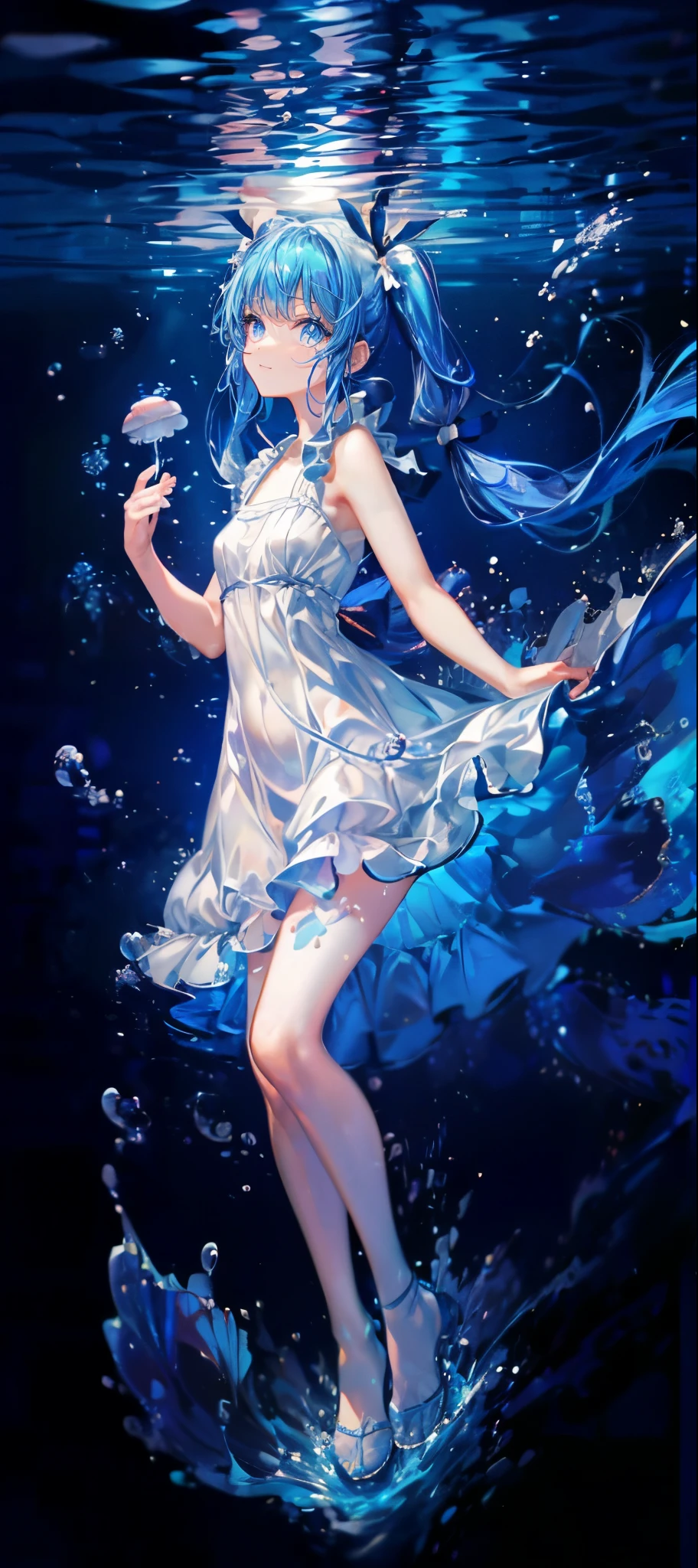 (muste piece), (best quality), very detailed, 1 girl, perfect face, (solo full body shot:1.3), very detailed顔,(blue hair long twin tails:1.5),(blue eyes:1.4),(in water:1.4),(white dress:1.5),Ocean,School of small fish,Light,bubble,jellyfish,Ocean藻,Red fish,Yellow fish,深Ocean,fantasy,Ocean底,float,(Ocean底都市:1.4),smile:1.3