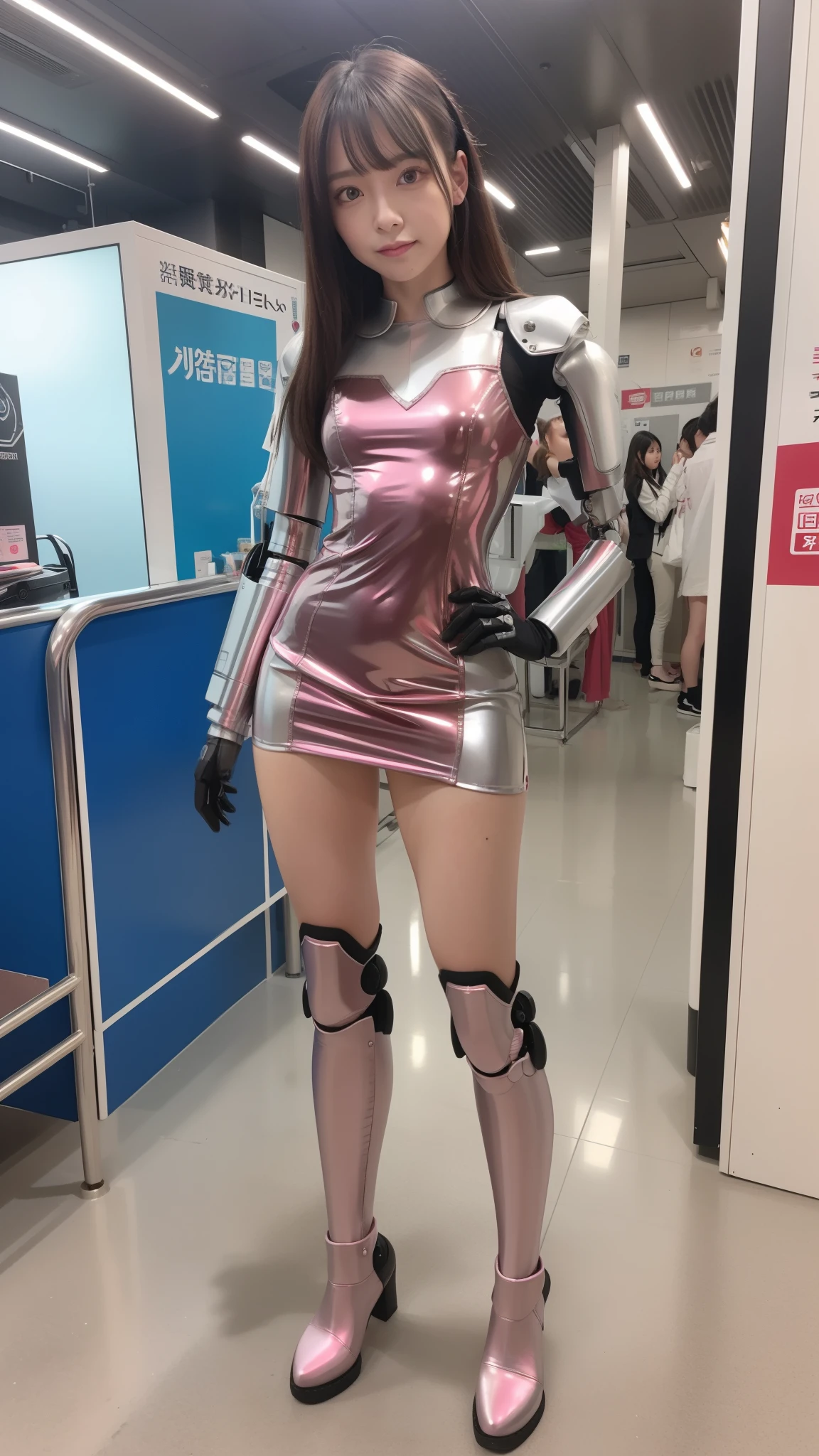 Robot Girl, pink there, Silver, Metallic body, Robot Parts, Metal Parts, Super Detailed Face, Super well-formed face, of the highest quality, a small face, small head, Brown hair, Slender body, Camera gaze, Internal Mechanical Exposure, Idol, front facing, Well-proportioned body, sale, exhibition,  Hall, Moe Pose, pink metallic maid Dress Machine Armor, Standing with legs open, Model body type, sad, Embarrassing,(Perfect Robot Girl),(Perfect machine body)