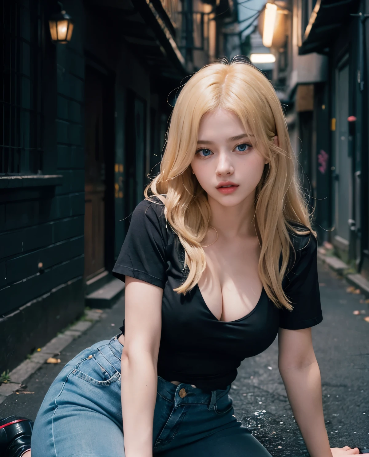 1girl, Blue eyes, (surprised face :1.2), (Sana Minatozaki), wide hips, Big Boobs, big ass, (Best Quality, 8k, Masterpiece: 1.3), perfect hands, Clear Focus: 1.2, Perfect Body Beauty: 1.4 , Strongs Abs: 1.2, Highly detailed face and skin texture, detailed eyes, double eyelids, (blonde long hair :1.1), (black cleavage t-shirt), jeans, (sitting on the ground), ((low light :1.4)), (dark environment), ((in a dark alley at night :1.1))