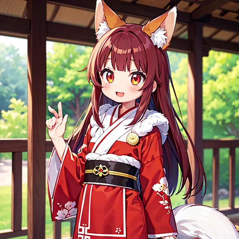 girl,animal ears,Crimson hair,Colored sclera,White skin,fox ears,狐狸girl,狐狸Tail,fur,kimono,fox demon,long hair,Miko,Doobi,Open your mouth,红色kimono,belt,Smile,Tail,ring,Eye,Checkered shirt,apron,brown hair,petite,cute,Crimson hair,naïve,squint,The background is sunlight
