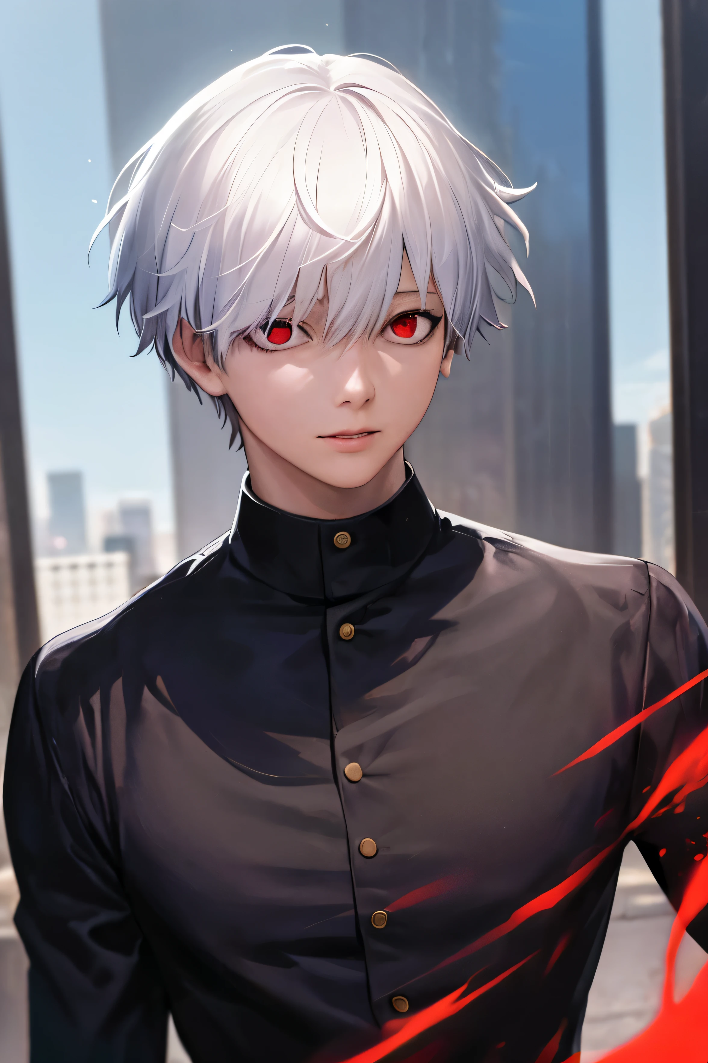 1boy, ((best quality)), ((masterpiece)), ((realistic)), (detailed), (perfect face), (kaneki ken), white hair, handsome, red eyes, black long-sleeved shirt, calm, dynamic angle, half body, building background, portrait