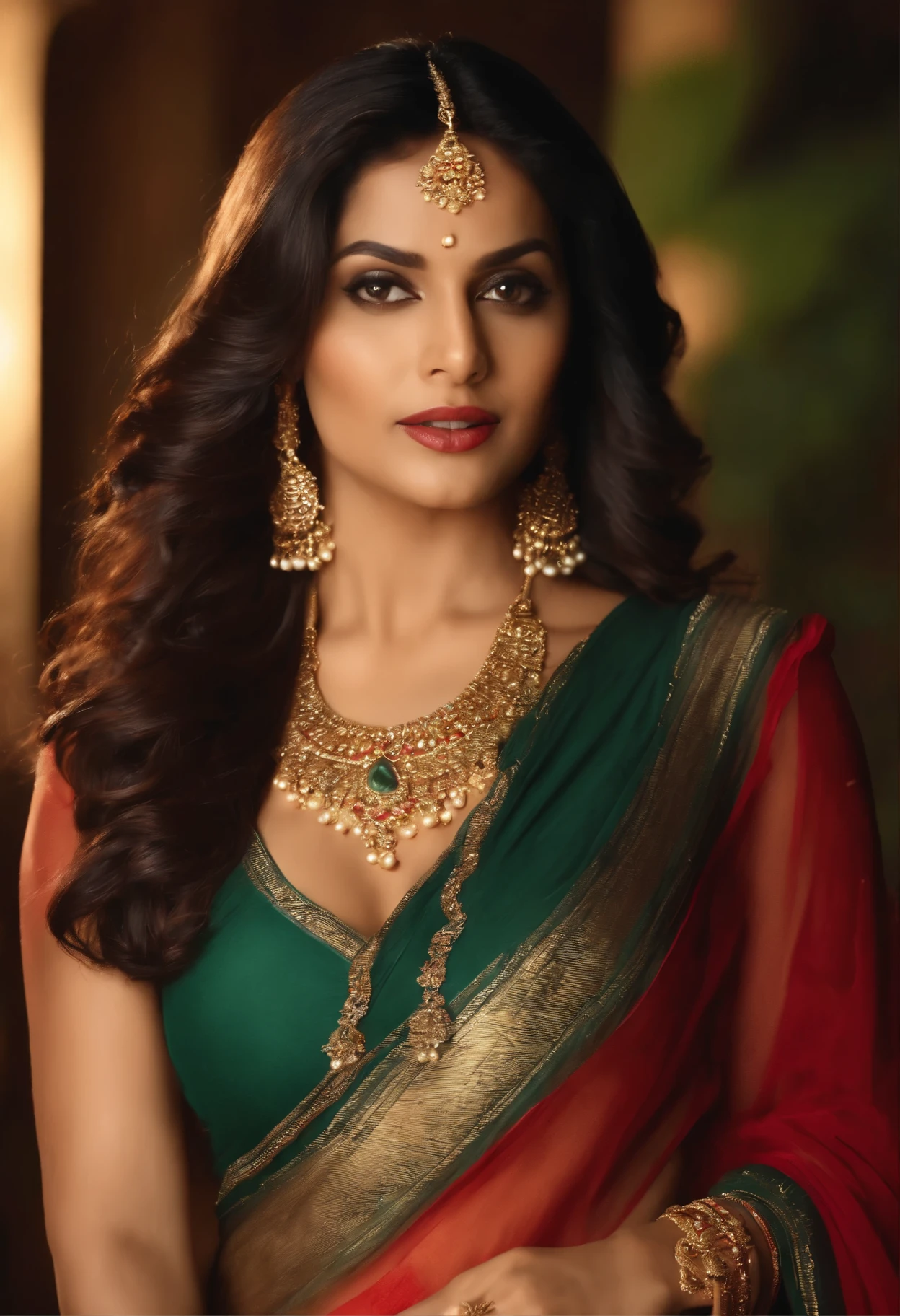 indian bollywood actress. wearing only a mini blouse. revealing most of her breast. gold necklace highly detailed. long silky hair. a red streak on one side of the hair. 4k resolution. highly detailed. glossy skin. fair tone. mid 30's.