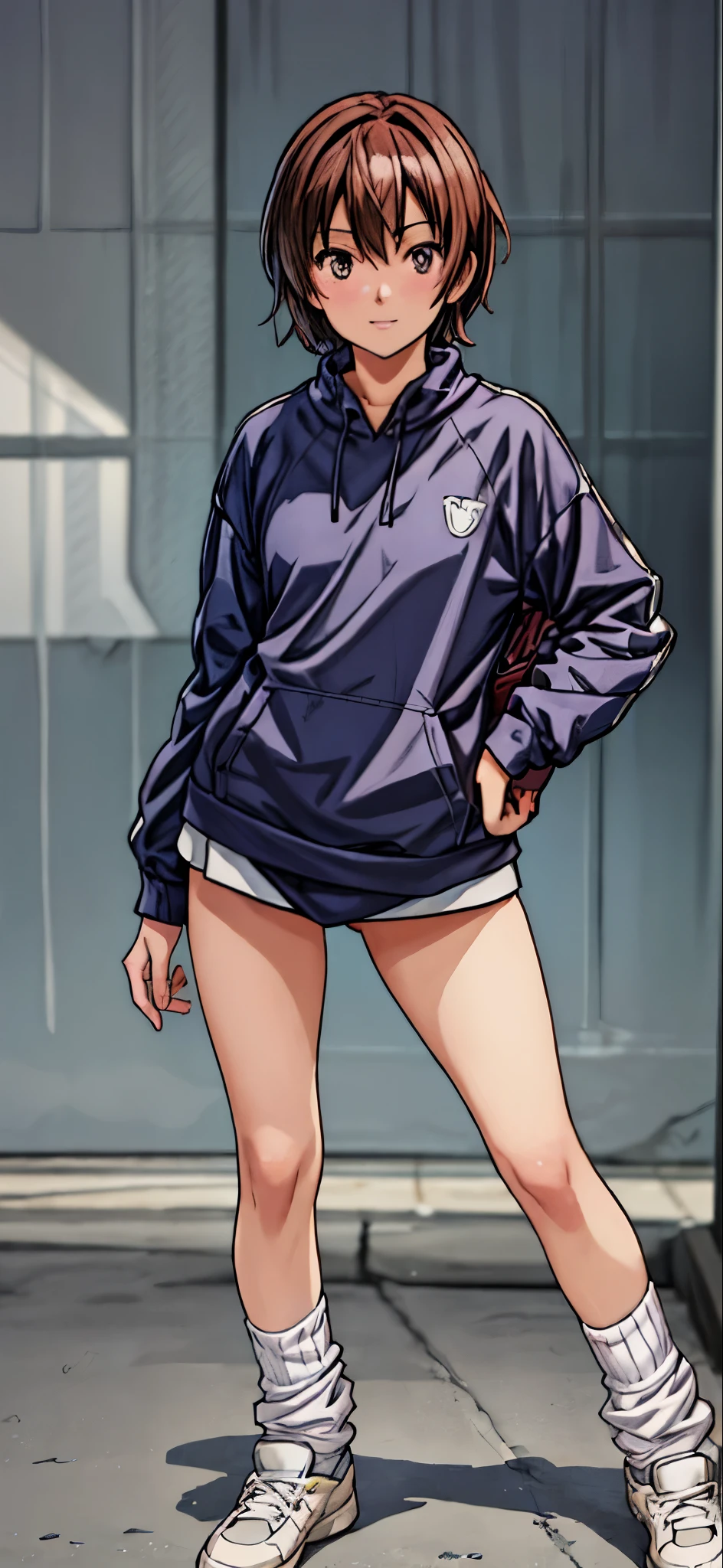 (Best Quality,4K,8K,hight resolution,masutepiece:1.2), Ultra-detailed, (Realistic,photoRealistic,photo-Realistic:1.37), beautiful girl, ((full body)),((very short hair))Wearing sweat,grin,hand on hip,((leotards)),wristbands,((White loose socks)),((Black sneakers)),Beautiful detailed eyes, Beautiful detailed lips, extremely detailed eye and face, long eyelashes, Realistic anime 3D style, Smooth Anime CG Art, Digital rendering by Makoto Shinkai, Moe Anime Art Style, photoRealistic rendering of an anime girl, Shinkai Makoto style, Cute anime girl visuals, Realistic young anime girl, girl fan art, Created by Anime Artist'studio of.