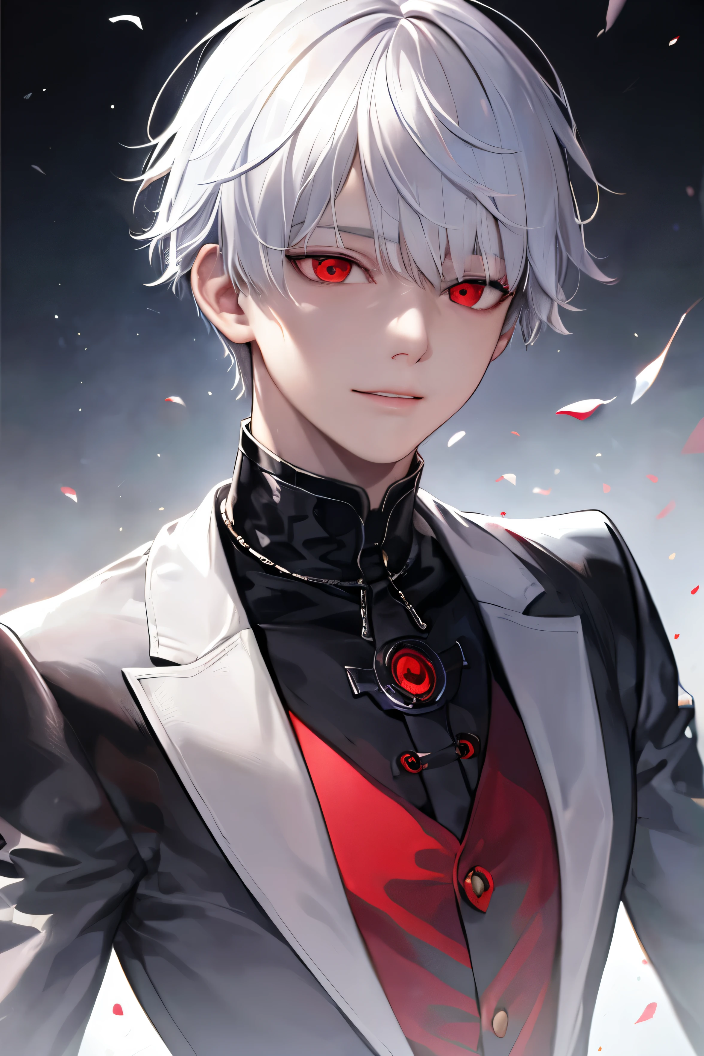 1boy, ((best quality)), ((masterpiece)), ((realistic)), (detailed), (perfect face), (kaneki ken), pure happy, white hair, handsome, red eyes, black long-sleeved shirt, calm, dynamic angle, half body, building background, portrait