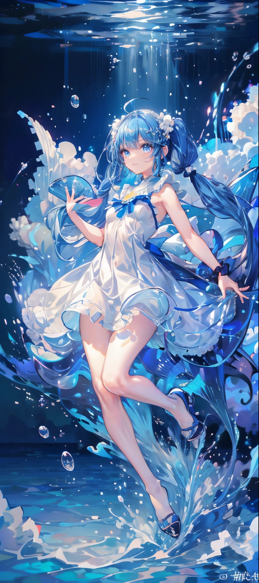 (muste piece), (best quality), very detailed, 1 girl, perfect face, (solo full body shot:1.3), very detailed顔，(blue hair long twin tails:1.5)，(blue eyes:1.4)，(in water:1.4)，(white dress:1.5)，Ocean，School of small fish，Light，bubble，jellyfish，Ocean藻，Red fish，Yellow fish，深Ocean，fantasy，Ocean底，float，(Ocean底都市:1.4)，smile:1.3