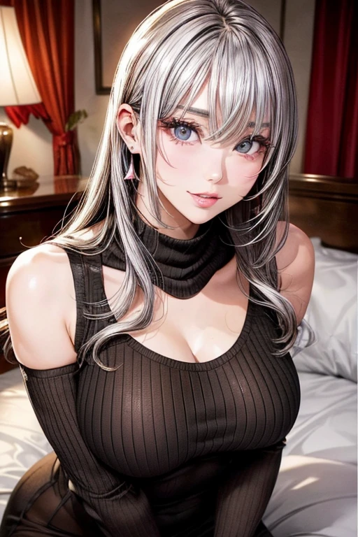 (highest quality、high detail:1.1、Very attractive adult beauty、Add intense highlights to your eyes、Backwards、look back、Beautiful woman full of adult charm、perfect anatomy、silver hear、long hair、shiny hair、lip gloss),1 girl, solo, realistic、tilt your head a little, short and shiny hair、  knit sweater、stylish muffler，bangs、Big eyes、eyelash、face is a little red、embarrassing)、((hotel、on bed))、Big eyes、Give students very strong highlights、(gigantic breasts,sagging breasts:1.5}、very big ger breasts、very beautiful beauty、Please show your ears、long neck、smile a little、beautiful teeth、open your mouth and smile、heart-shaped eyes))、28 years old、very cute super model、tall、（gravure pose、fullbody：1.2）