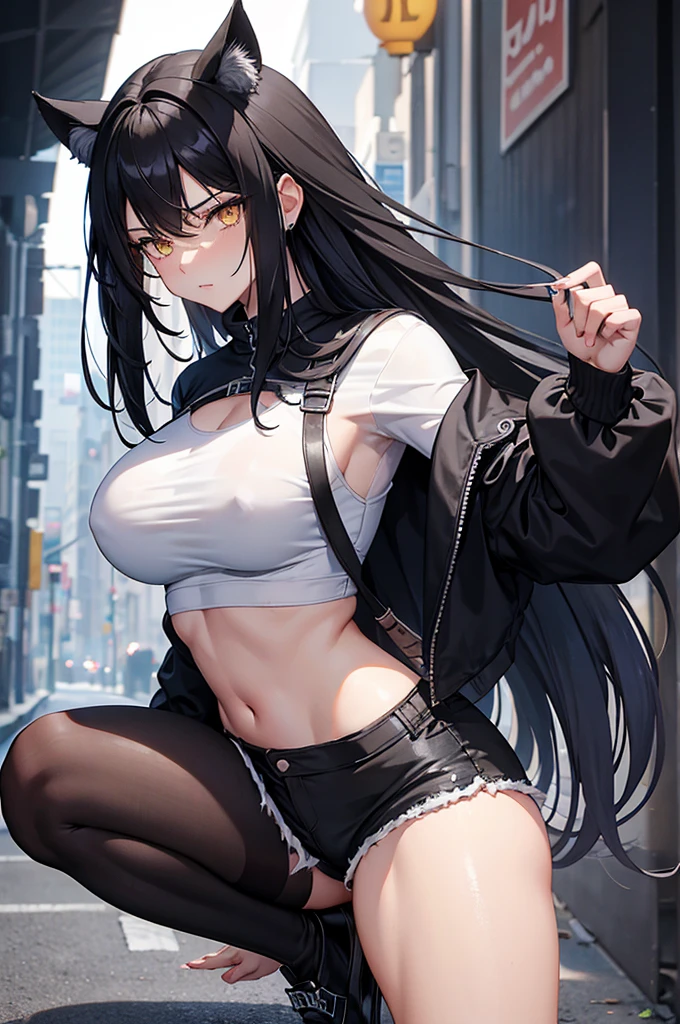 1 girl, two-tone hair, black on top, white on bottom 1 gilr, ,perfect anatomy girl muscular girl toned body girl large  girl thick girl angry girl best quality girl black hair girl yellow eyes girl pale girl pale girl,linda mulher morena, musculosa , usando short legging withe, meia calça preta, cabelo curto, belos olhos, olhos lindos, amarelos, camisa branca, jaqueta de couro preta, shorts, short legging white, cidade beco escuro pantyhoack, two-tone hair, black on top, white on bottom
