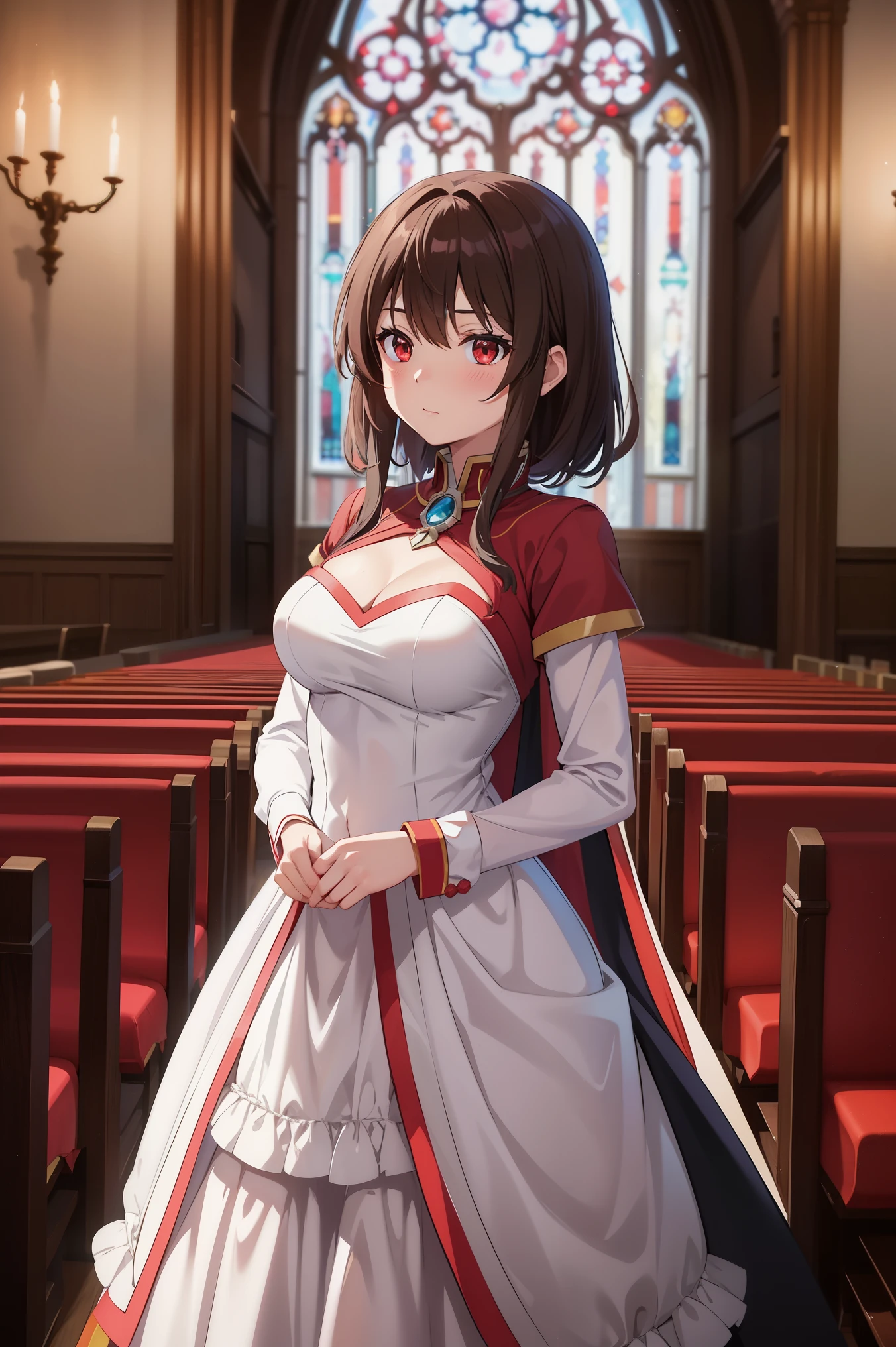 Envision Megumin from Konosuba, with her short brown hair and striking red eyes, dressed in a beautiful bridal gown, standing in a charming church setting. The scene radiates a blend of magical charm and the solemnity of a wedding ceremony, capturing a unique moment for this explosive mage.