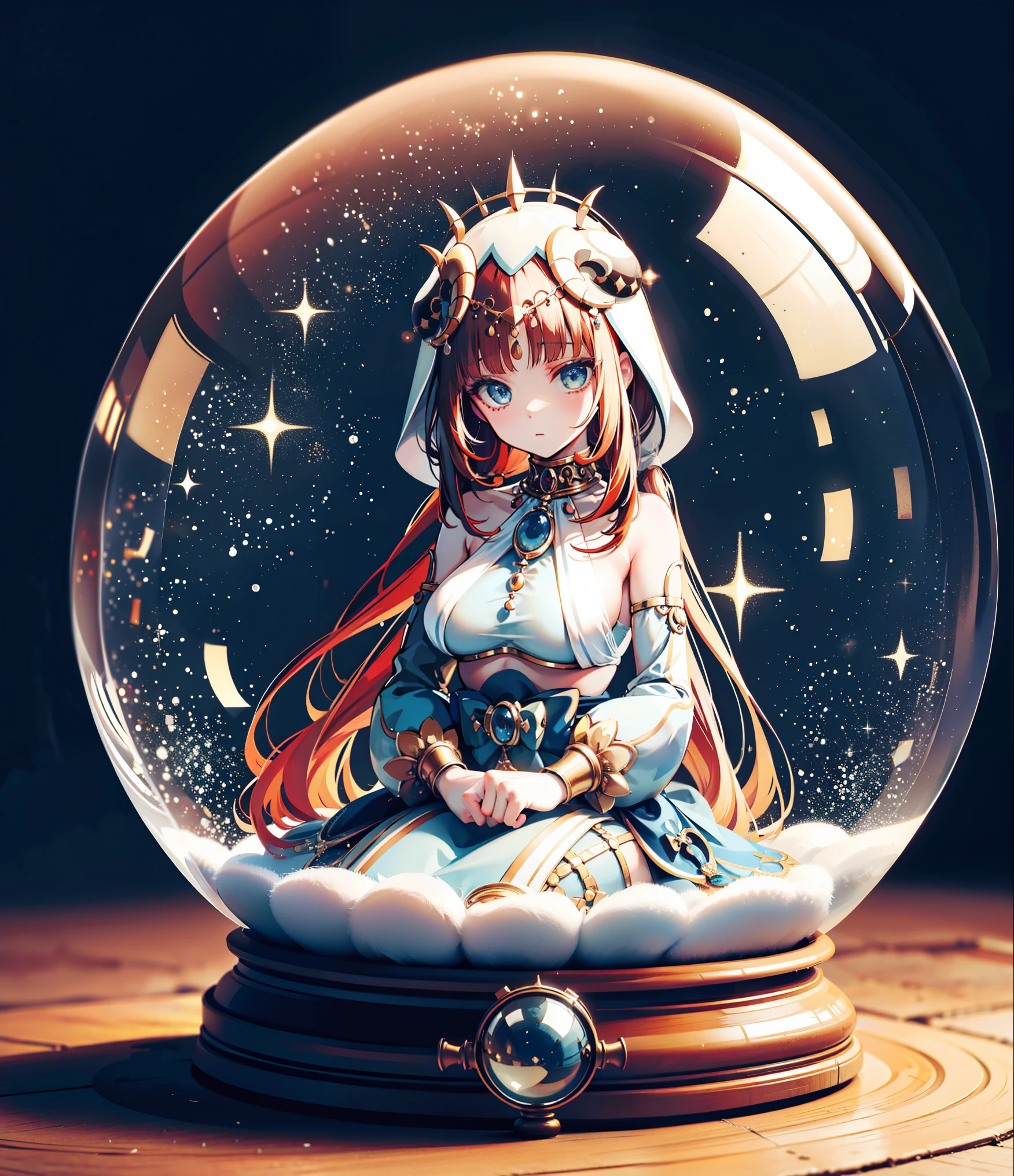 girl trapped in crystal ball,alone, fantasy art style,Gurwitz style artwork, Round glass cover, Very round crystal ball, best quality,masterpiece,ultra high resolution,Nilaudev, Nylund,(masterpiece),best quality, 1 busty girl在水晶球里面, expressive eyes, is a perfect face, full body lesbian, sitting,Yuki, buliding, Christmas,1 busty girl,,English text,Yukiing