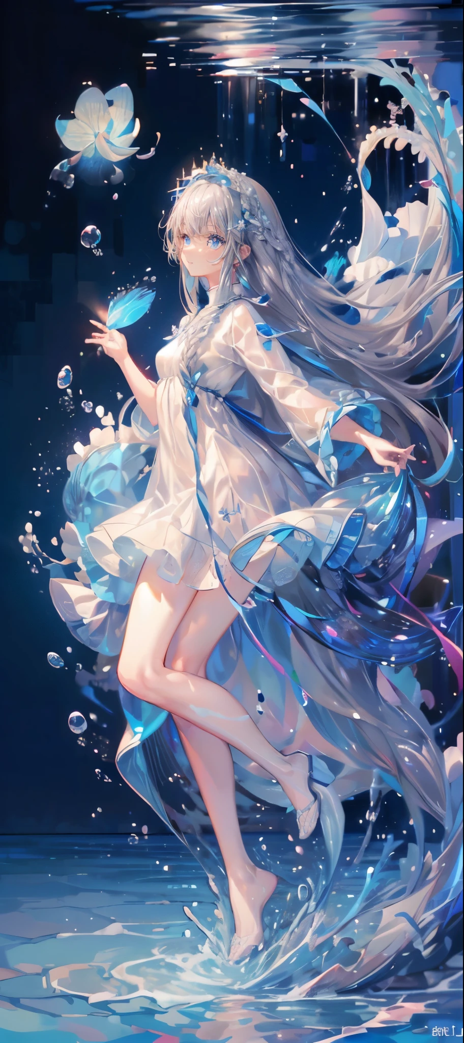 (muste piece), (best quality), very detailed, 1 girl, perfect face, (solo full body shot:1.3), very detailed顔，(Gray-haired ultra-long hair:1.5)，(blue eyes:1.4)，(in water:1.4)，(white dress:1.5)，Ocean，School of small fish，Light，bubble，jellyfish，Ocean藻，Red fish，Yellow fish，深Ocean，fantasy，Ocean底，float，(Ocean底都市:1.4)，smile:1.3