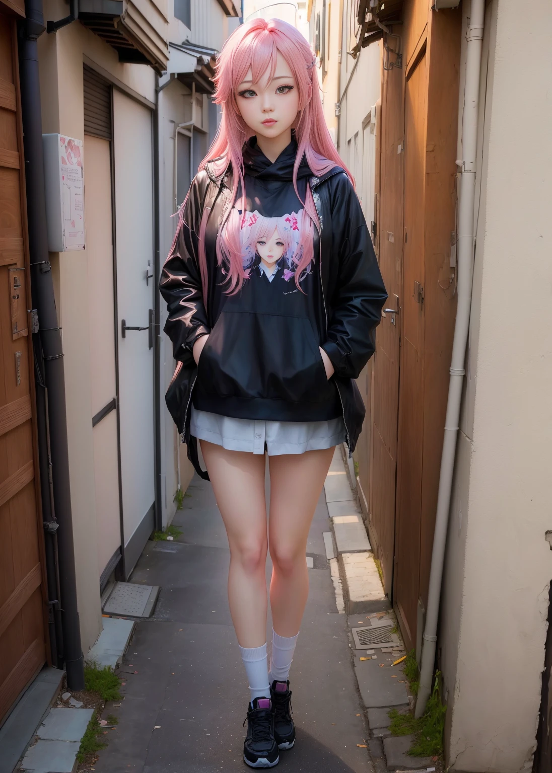 Girl, big boobs, pink hair, long hair, red eyes, rainy, raincoat, boots, squat