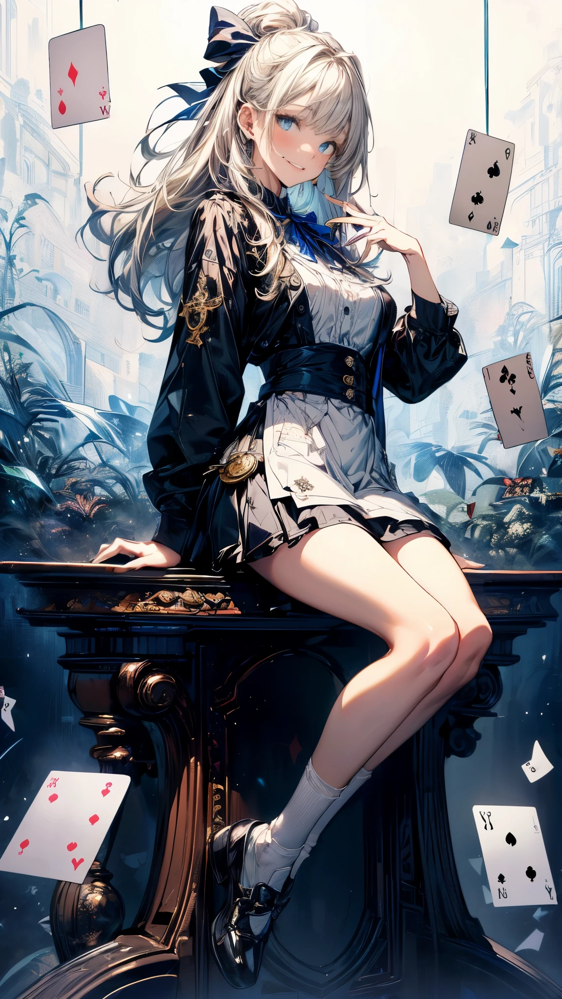 (masuter piece, high-quality, Mystical, Beautifully Aesthetic, ideal ratio of body proportions, offcial image art, Impresionism), (ultra high resolution, 8K RAW photo, photo realistics, natural lighting, textile shading), (1 matured woman:1.3, solo:1.5, milf:1.1), (Fractal pattern Art:1.2), shinny skin, tile patterns, ((alice in the wonderland:1.2, a girl floating in air:1.35, smiling with half-closing eyes)), ((flying PlayingCards, Trump, floating tea cup, floating tea pot, pocket watch:1.3, big mirror, lip sticks, candys, jam bottles)), cute animetic white rabbit, ((dark-Blue dress :1.5, a miniskirt, White Apron, white sock)), (platinum-blonde, tied hair with a ribbon), (Blue eyes, bright pupils with highlights, detailed eyes), (lying on your back:1.2, leaning backward:1.2, with rising up legs:1.3), ((dutch angle:1.5, full body:1.3, from below:1.2)), Exotic wallpapers, colorful image, simply background, fantastic, fantasy:1.5, ((correct anatomy:1.5, correct hand)),