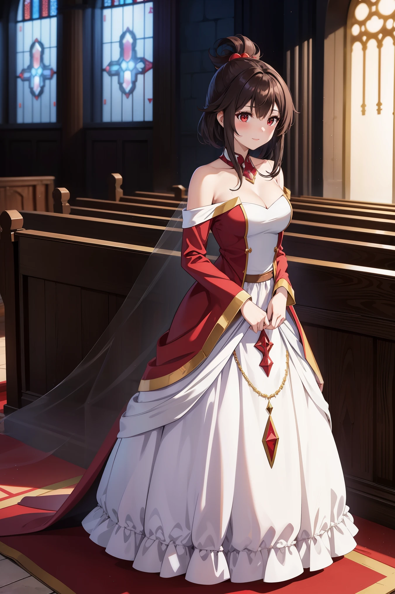 Envision Megumin from Konosuba, with her short brown hair and striking red eyes, dressed in a beautiful bridal gown, standing in a charming church setting. The scene radiates a blend of magical charm and the solemnity of a wedding ceremony, capturing a unique moment for this explosive mage.