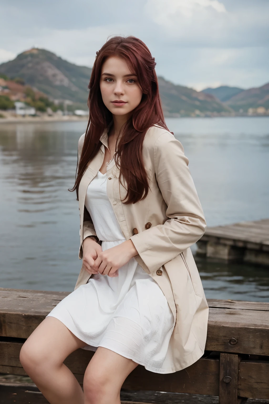 ((fantasy setting)), (realistic), (looking over shoulder at camera), (year 1400), (western), fantasy, 1 girl, maroon hair, sitting on pier, relaxed, 20 years old, white dress, brown coat