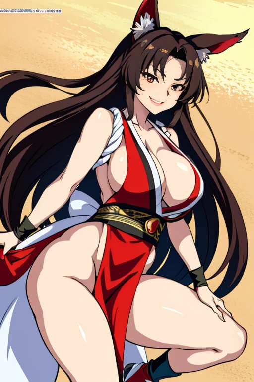 masterpiece, high resolution, best quality, beautiful art, 1 woman, solo, Imaizumi kagerou, big breasted, cleavage, wolf ears and wolf tail, mature woman, cosplaying as Mai Shiranui, sexy red japanese clothes, sexy legs and thighs, dancing seductively, smiling joyfully, looking at the viewer, sexy moves, biting her lips, beach environment