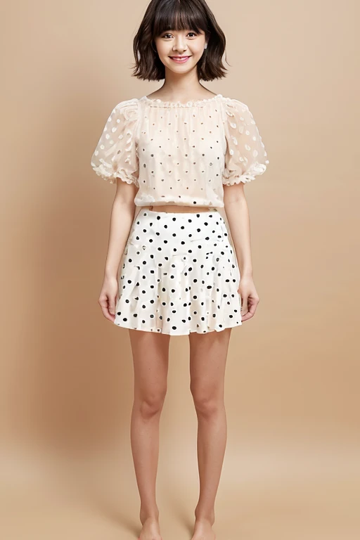 Innocent Japanese girl, high teenager, Photo from the thigh, black eyes, bob cut hair, brown hair, Height: 155cm, bust 79cm, Waist 55cm, Hip 85cm, barefoot, sandy beachに背を伸ばして立っている,full body shot,full body shot,Shot straight ahead,standing position,I'm looking down, elongated facial contour, Smile a little,sharp cheeks, round chin, clean nose, looking at the camera, thin cheeks, round chin, long eyes, beautiful eyes, black eyes, bob cut hair,少しbrown hair, Transparent short-sleeved blouse with large polka dots on a white background, Fluttering white mini skirt, Navel exposed, beach, sandy beach