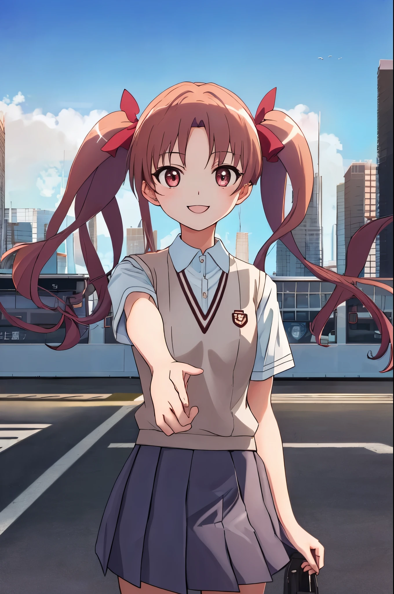 masterpiece, highest quality, 8K, 超High resolution, highest quality, anime style, best writing, beautiful face, masterpiece, highest quality, High resolution, 1 hair ribbon for girls, Tokiwadai School Uniform, smile, In front of the station, (reach out your hand:1.2), cowboy shot