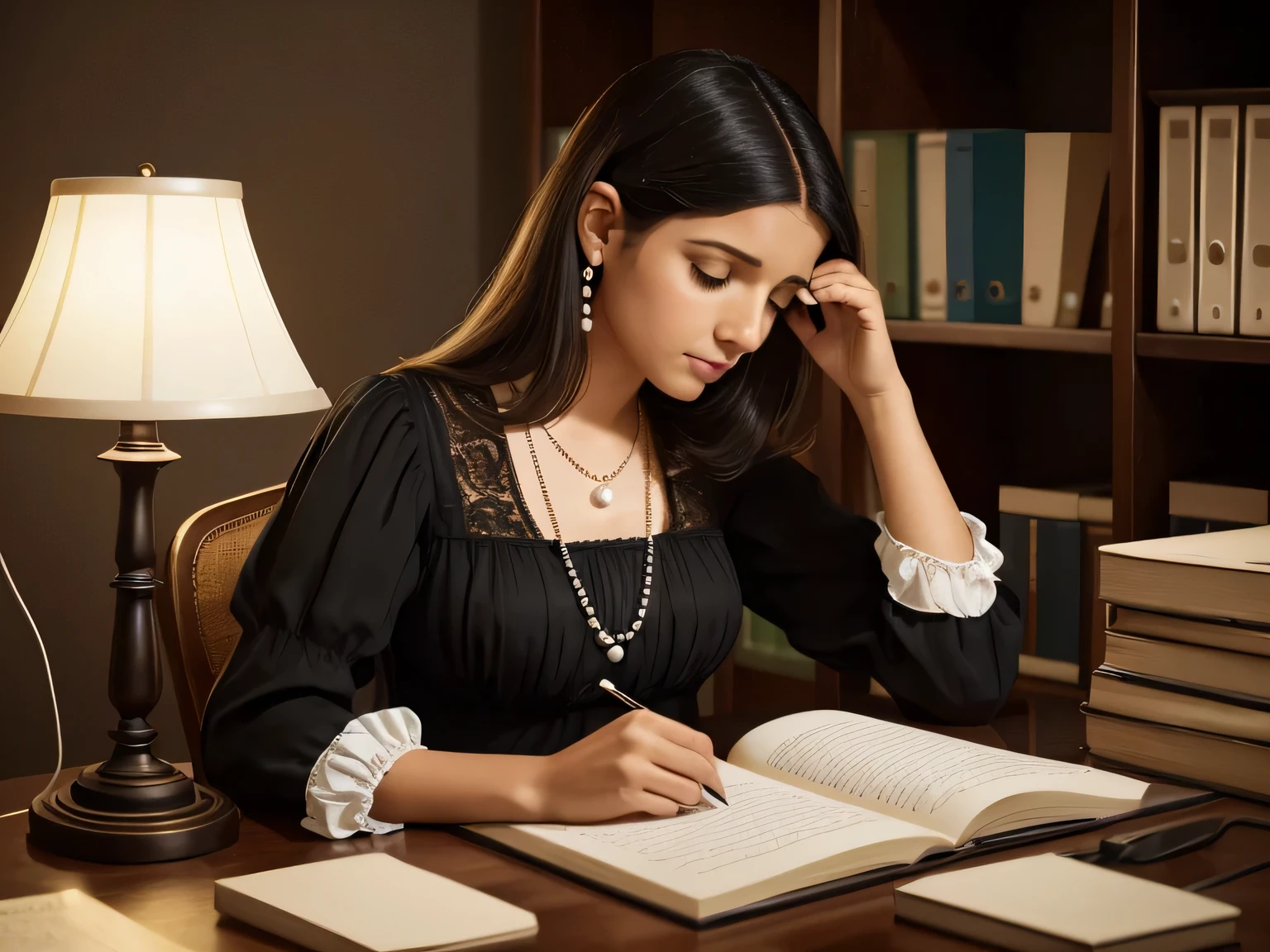 ((imagem ilustrativa)), ((garota de 20 anos)), ((18th century)), ((escritora escrevendo)), ((mulher concentrada)), ((caneta bico de pena)), ((midi dress and pearl necklace)), ((cabelos negros)), ((lamp on the table)), ((mogno table)), ((Girl in the office)), ((janela aberta)), ((cabelo preso)), ((usando coque)).