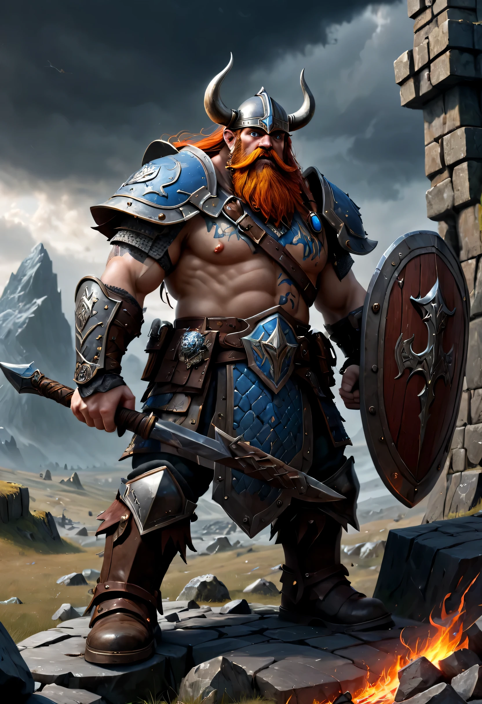 (best quality,4k,8k,highres,masterpiece:1.2),ultra-detailed, dwarf,warhammer fantasy,decked out for battle, ornately made scale mail armor, viking helmet,ornate metal shield, bubbling tankard painting on the shield, battle-ready,warlike demeanor, thick, luxuriant beard, fire-red hair, braided, piercing blue eyes, intense gaze, weathered and scarred face, muscular and compact build, engraved runes and sigils on armor and shield, battle scars on the body, battle axe hanging from belt, heavy boots, sturdy and worn, rugged and rocky battlefield, dwarven stronghold in the background, towering stone mountains, fierce storm clouds gathering in the sky, dramatic lighting with striking shadows, rich color palette with earthy tones, battle cries and clash of weapons filling the air