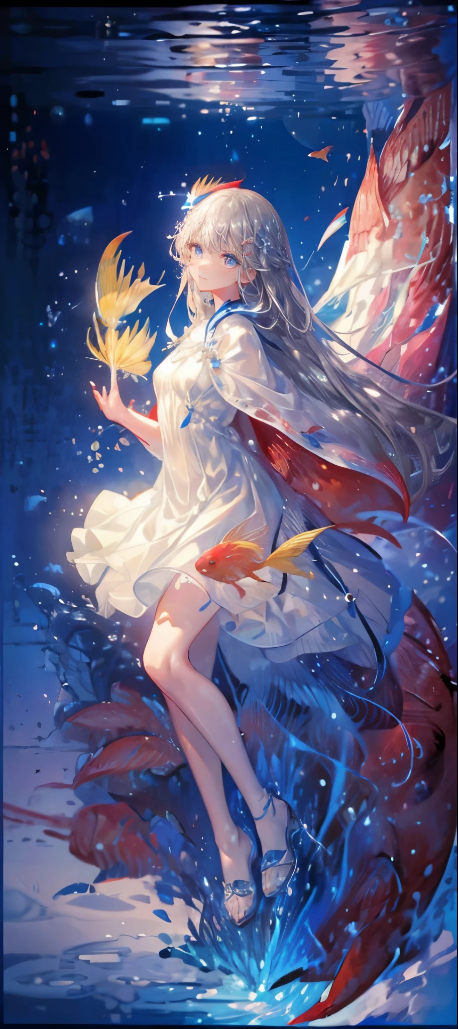 (muste piece), (best quality), very detailed, 1 girl, perfect face, (solo full body shot:1.3), very detailed顔,(Gray-haired ultra-long hair:1.5),(blue eyes:1.4),(in water:1.4),(white dress:1.5),Ocean,School of small fish,Light,bubble,jellyfish,Ocean藻,深Ocean,fantasy,Ocean底,float,(Red fish,Yellow fish:1.4),(smile:1.3)